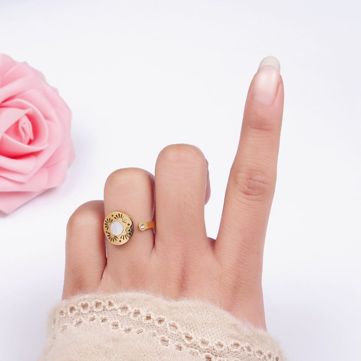 Stainless Steel Shell Pearl Open Flower Petal Filigree Round CZ Wrap Ring | O1297