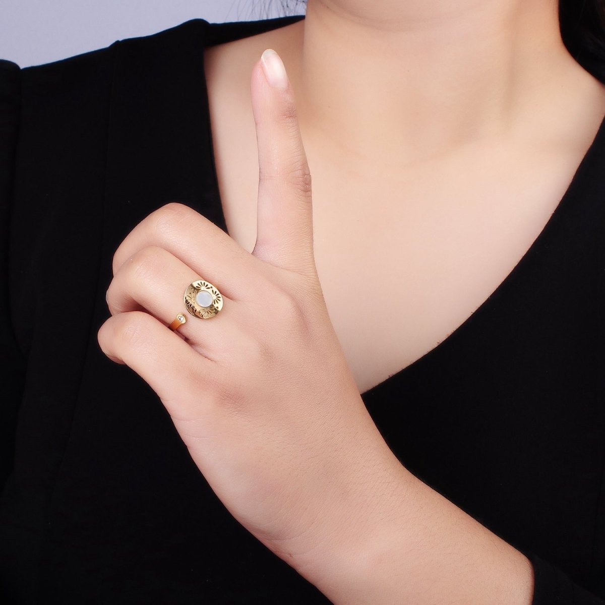 Stainless Steel Shell Pearl Open Flower Petal Filigree Round CZ Wrap Ring | O1297