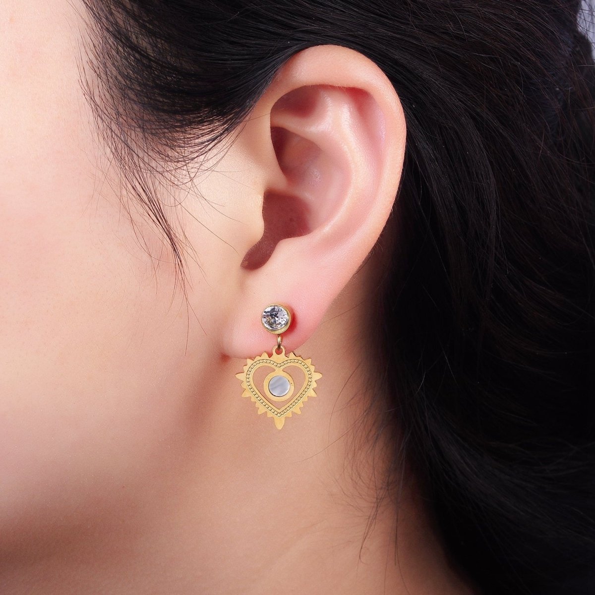 Stainless Steel Shell Pearl Open Heart CZ Drop Stud Earrings | AE460