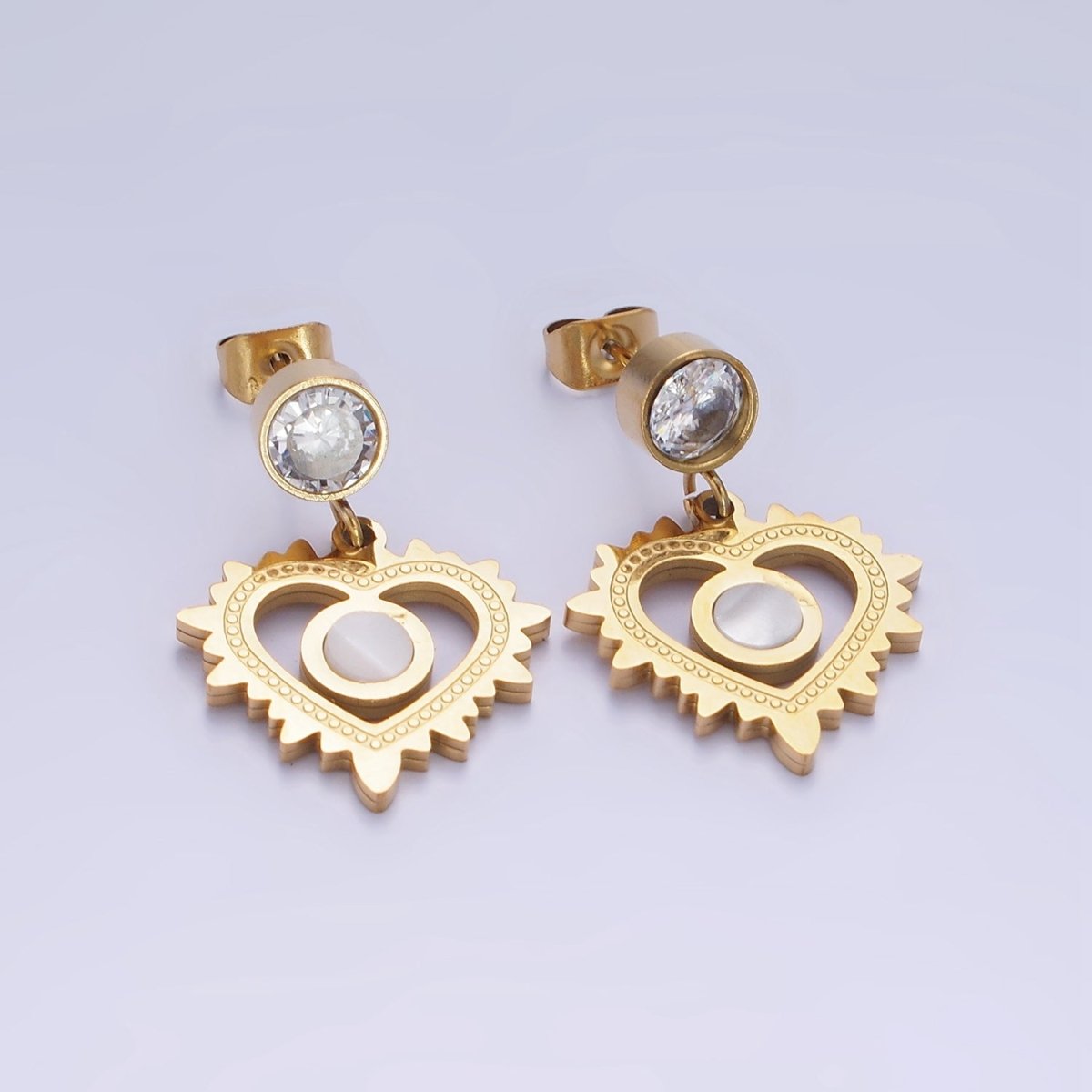 Stainless Steel Shell Pearl Open Heart CZ Drop Stud Earrings | AE460