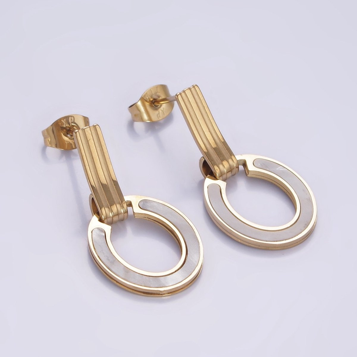 Stainless Steel Shell Pearl Oval Multiple Lined Stud Earrings | AB1154