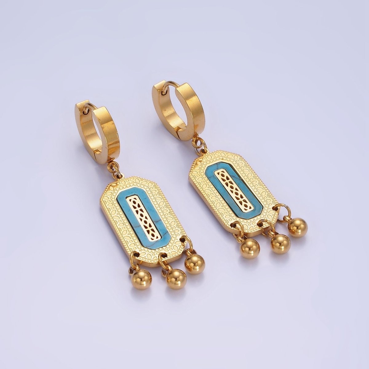 Stainless Steel Shell Pearl, Turquoise Lined Dotted Hexagonal Tag Triple Bead Drop Huggie Earrings | AE471 AE472