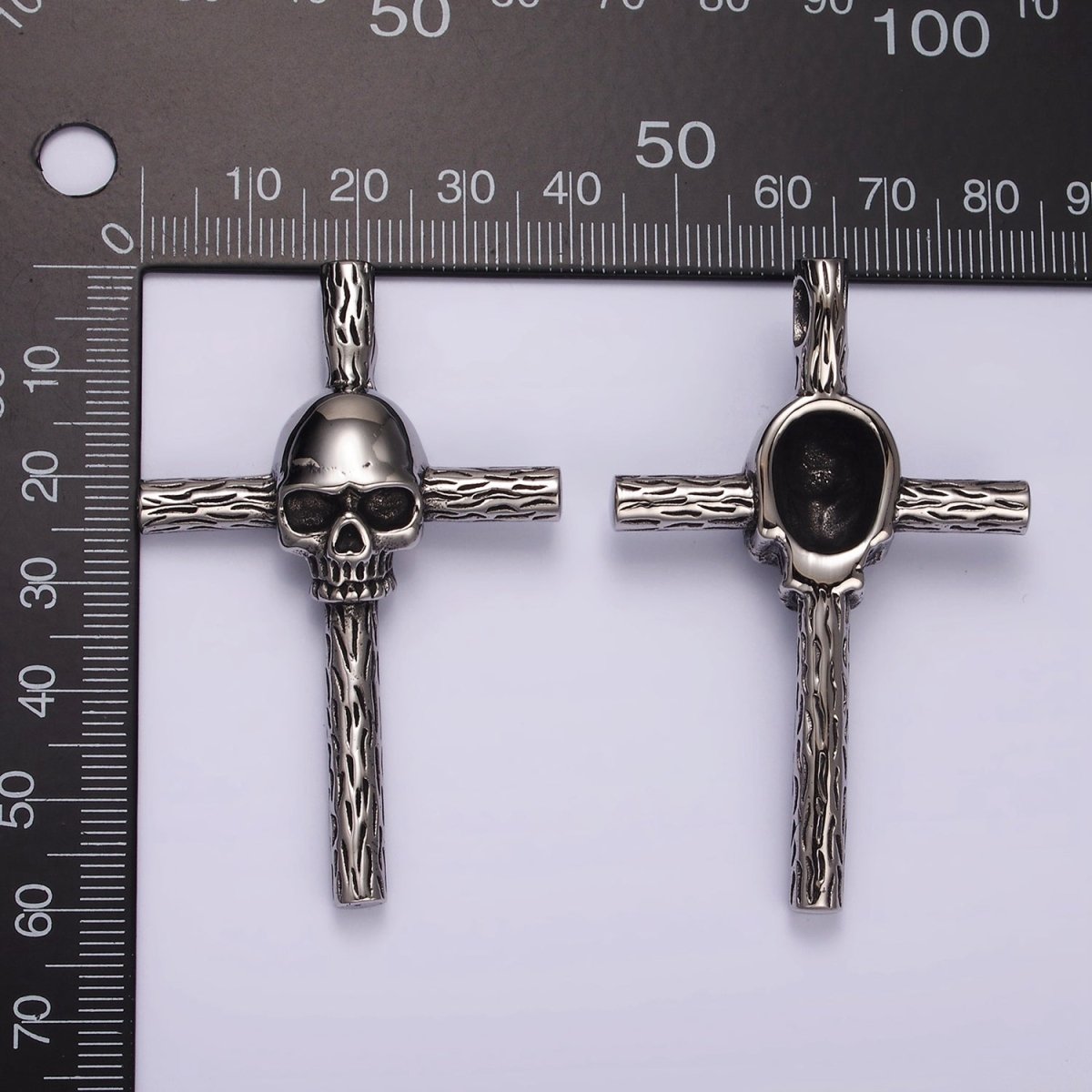 Stainless Steel Skeleton Skull Wood Line-Textured Cross Oxidized Pendant | P1179