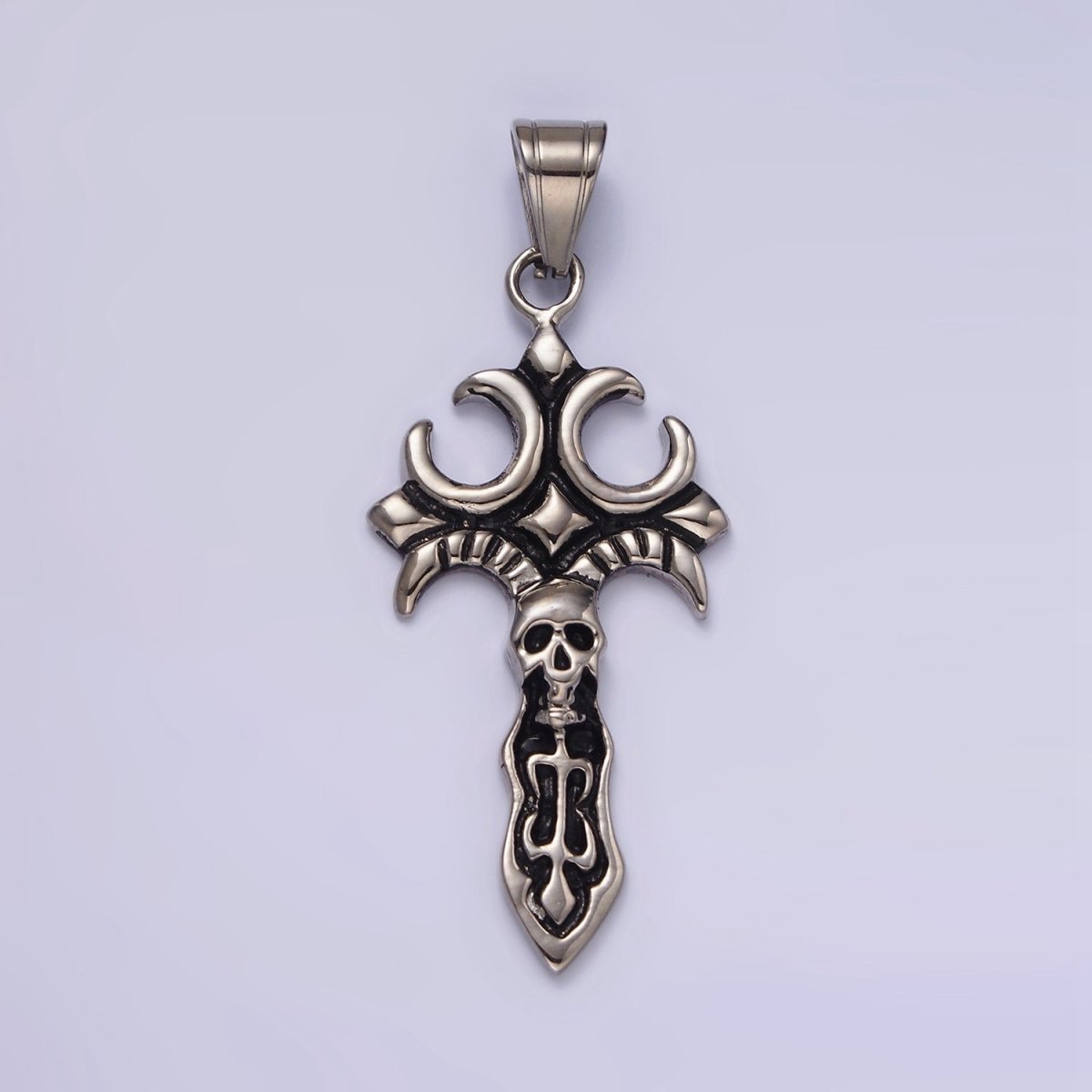 Stainless Steel Skull Skelton Fleury Cross Knife Sword Pendant | P-818