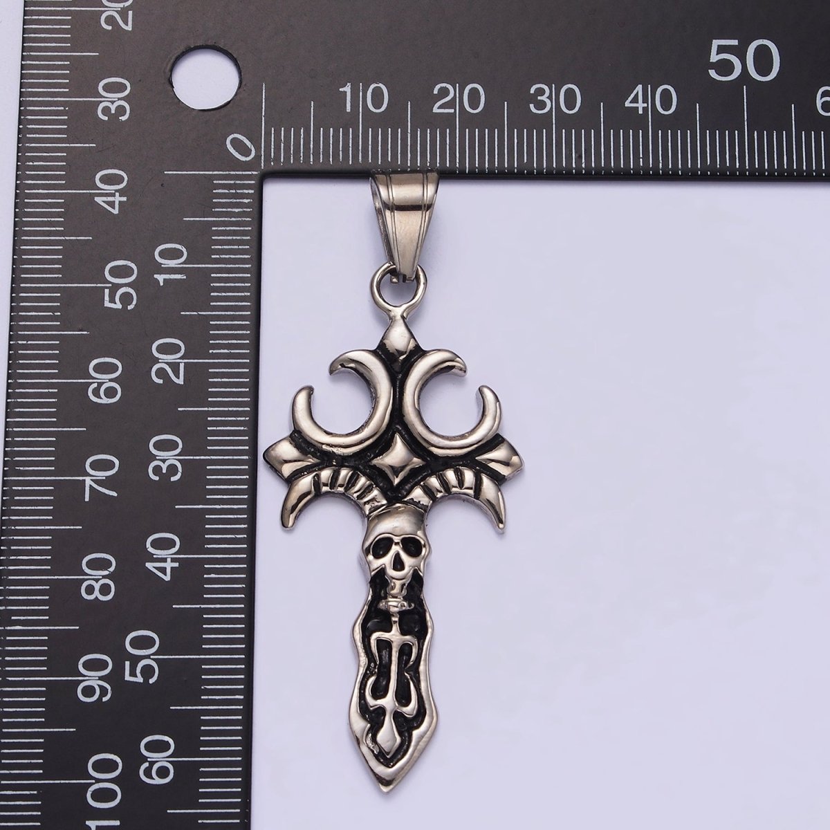 Stainless Steel Skull Skelton Fleury Cross Knife Sword Pendant | P-818