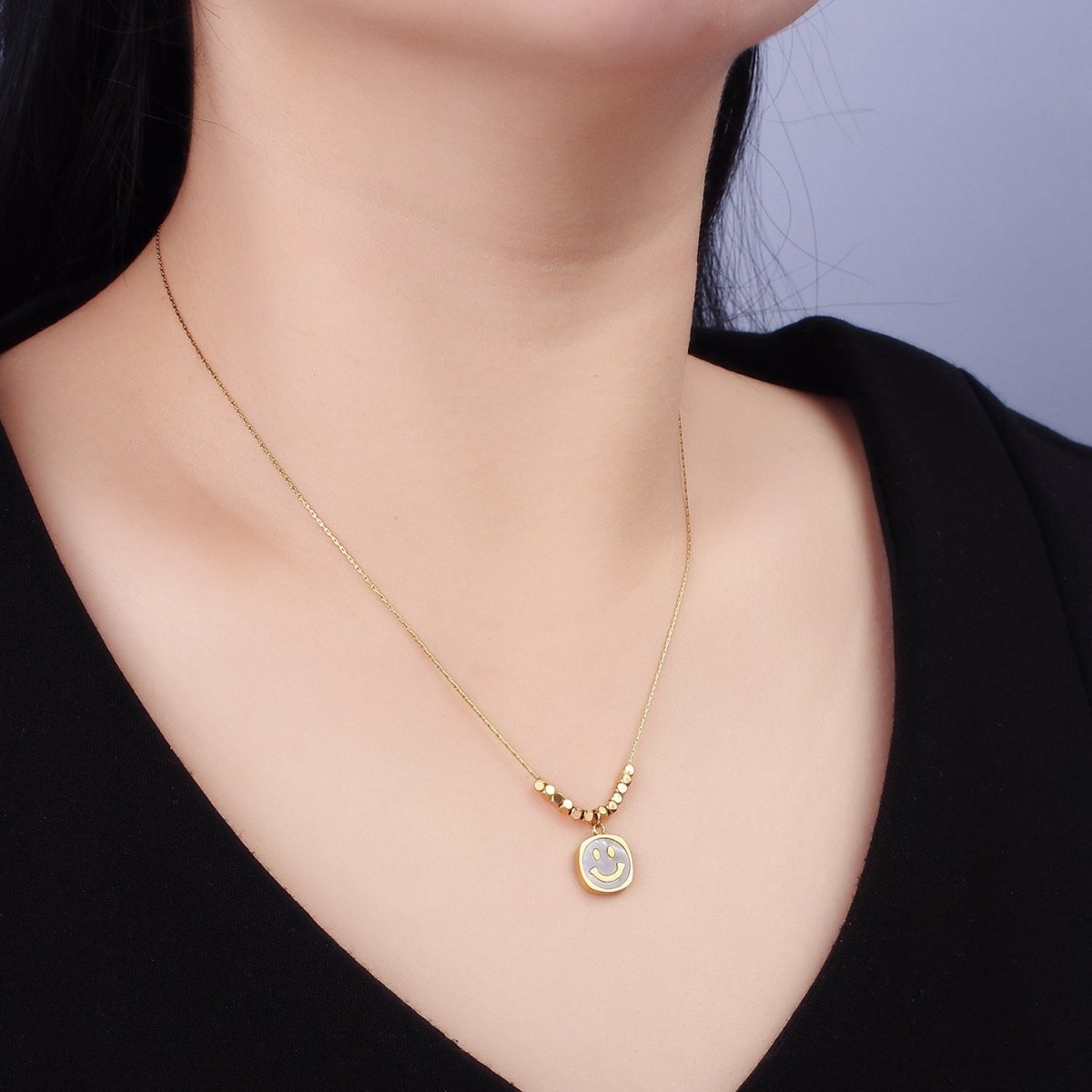 Stainless Steel Smiley Face Shell Pearl Square Bead Wheat 16 Inch Choker Necklace | WA-2366