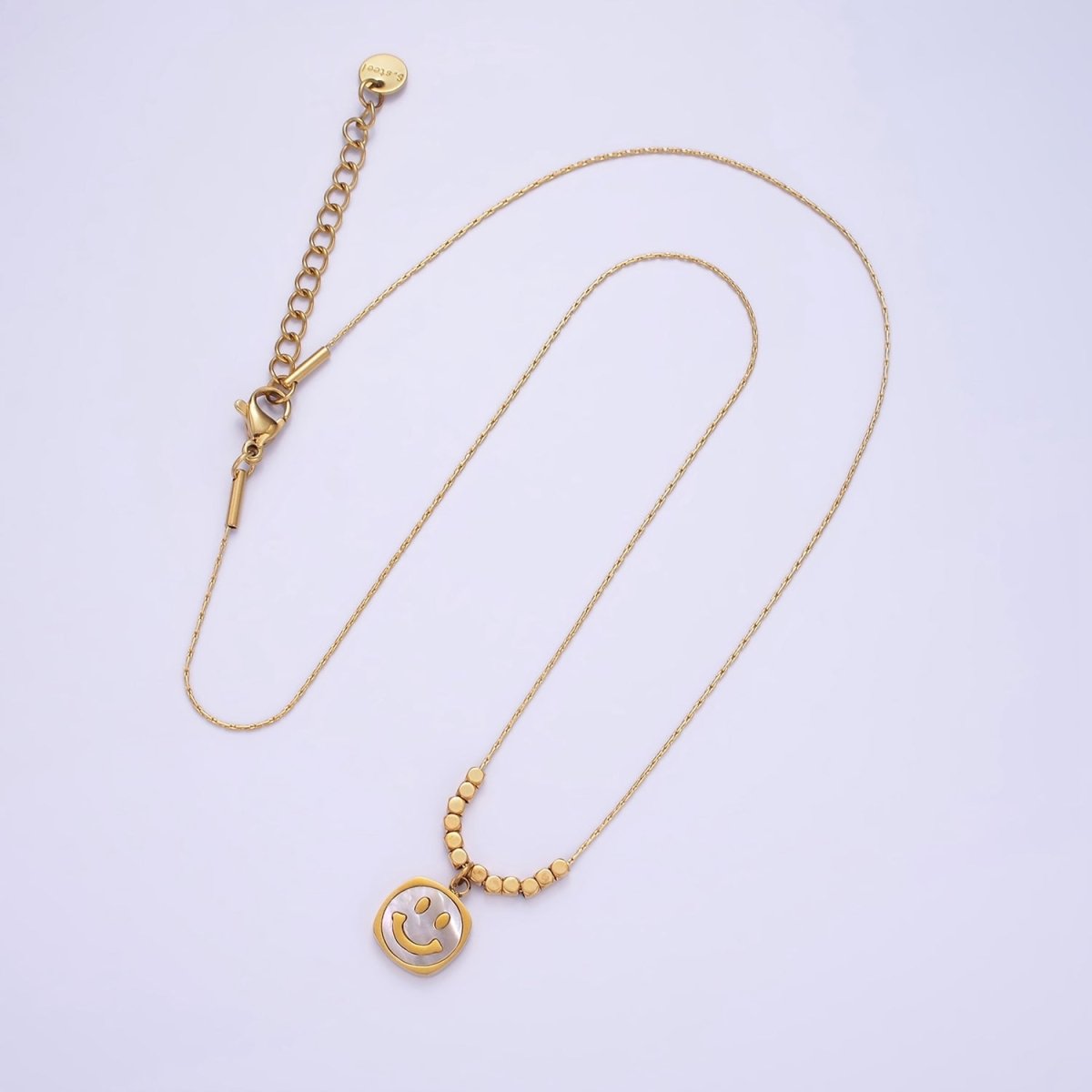 Stainless Steel Smiley Face Shell Pearl Square Bead Wheat 16 Inch Choker Necklace | WA-2366