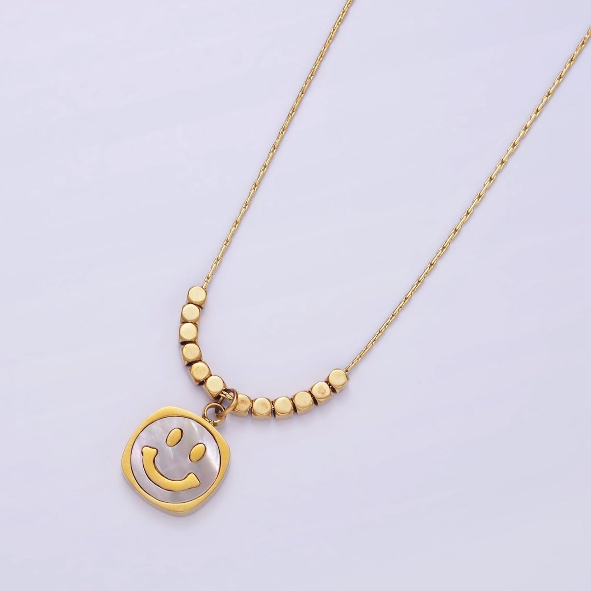 Stainless Steel Smiley Face Shell Pearl Square Bead Wheat 16 Inch Choker Necklace | WA-2366