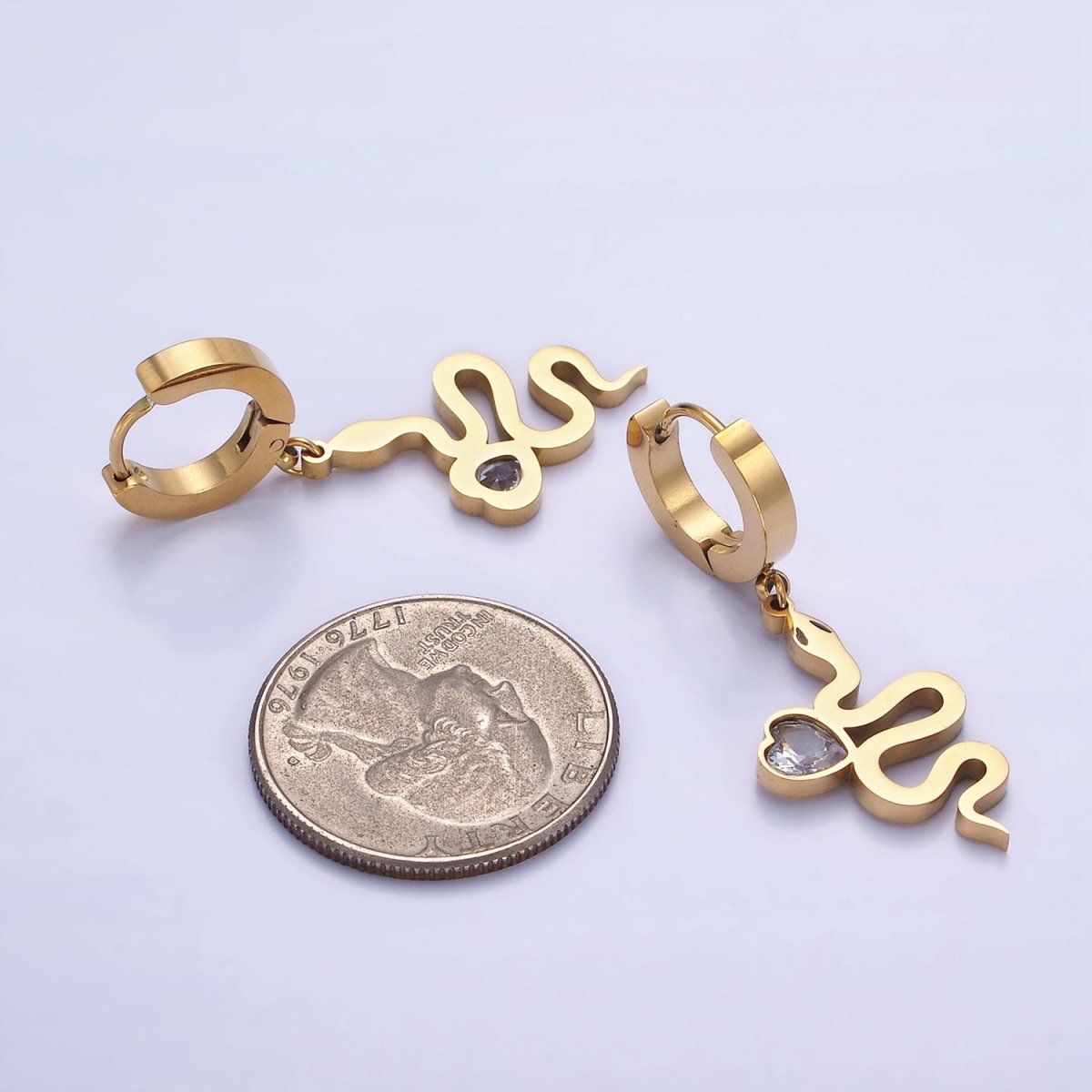 Stainless Steel Snake Serpent Animal Heart CZ Drop Huggie Earrings Set | AE457