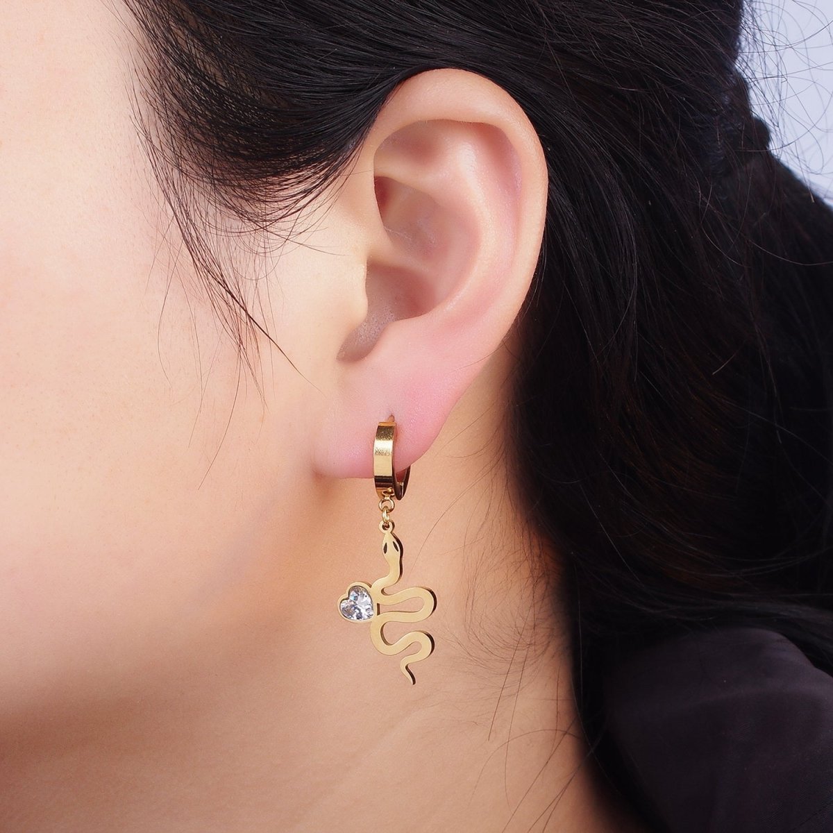 Stainless Steel Snake Serpent Animal Heart CZ Drop Huggie Earrings Set | AE457
