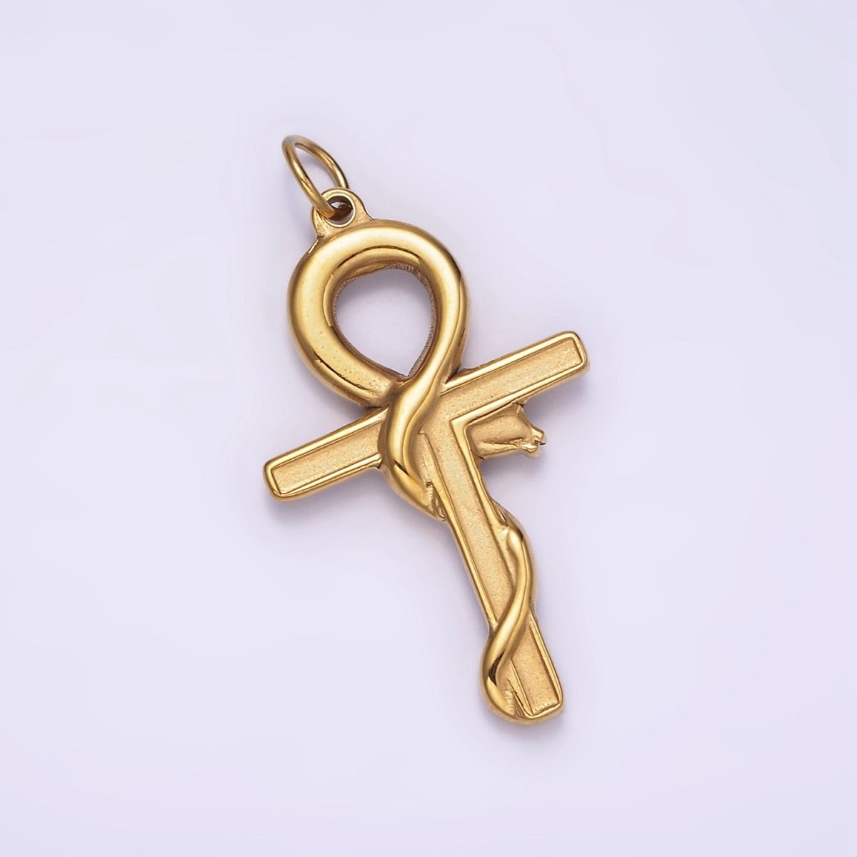 Stainless Steel Snake Serpent Animal Religious Ankh Cross Gold Charm | P1234