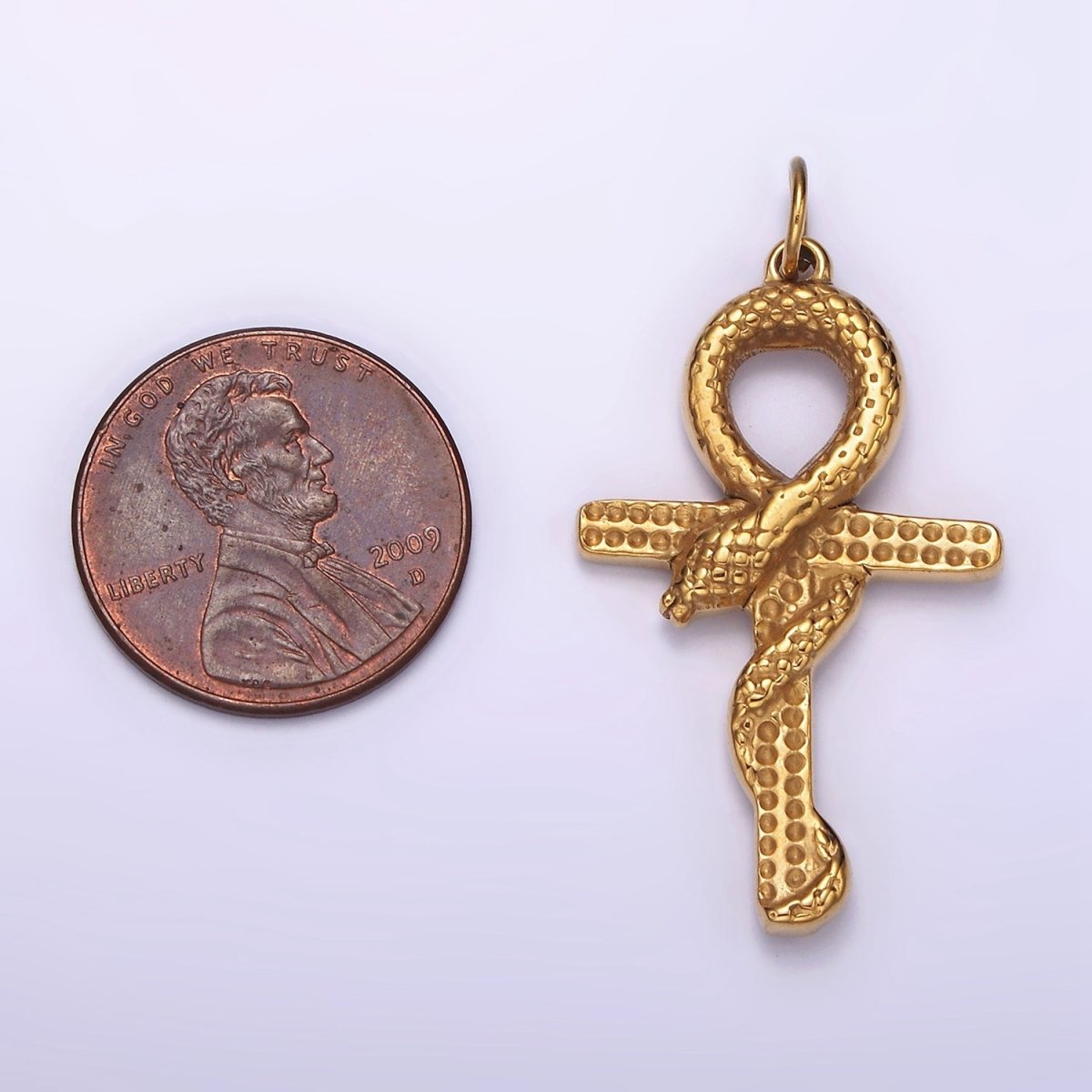 Stainless Steel Snake Serpent Animal Religious Ankh Cross Gold Charm | P1234