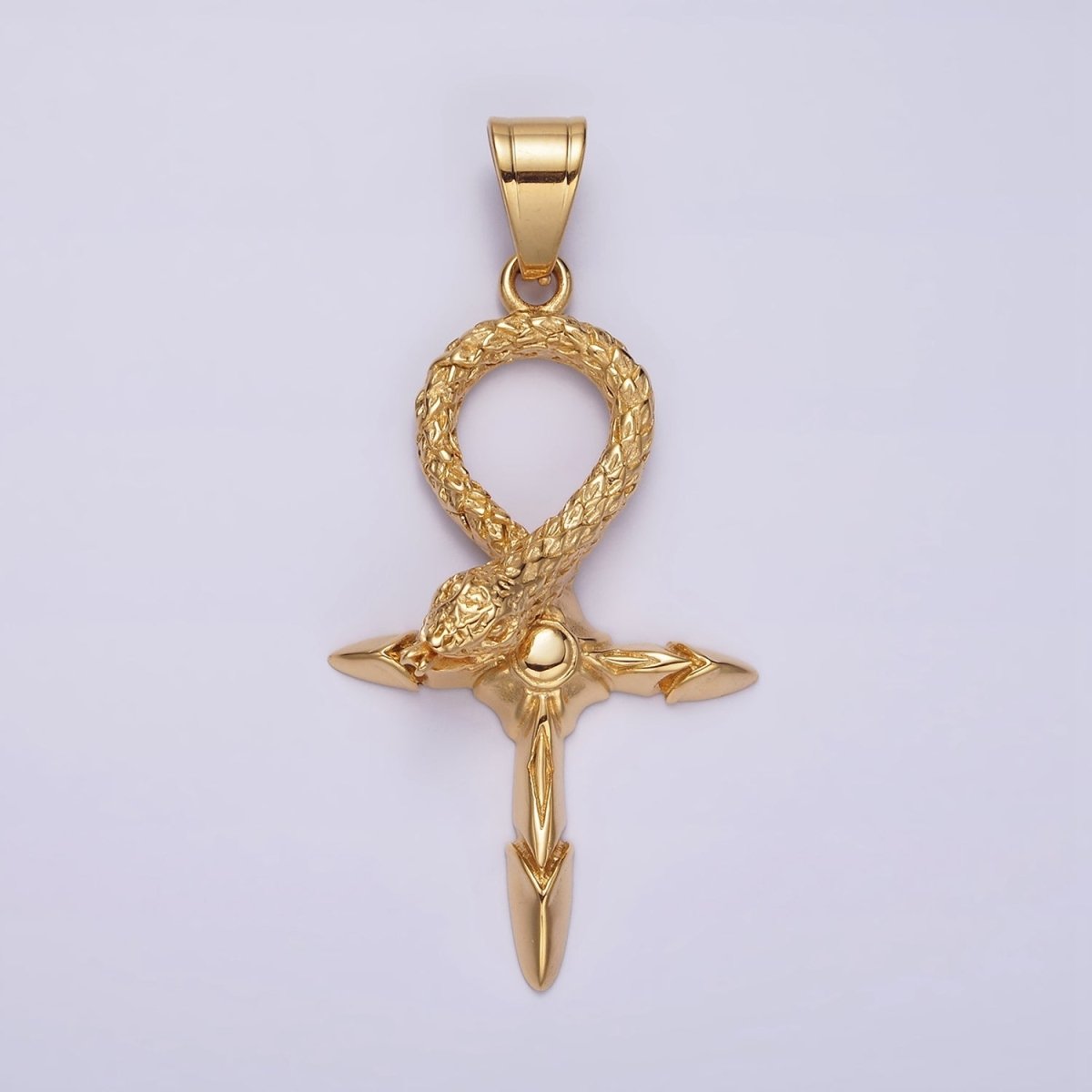 Stainless Steel Snake Serpent Sunburst Arrow Egyptian Ankh Cross Pendant | P-772