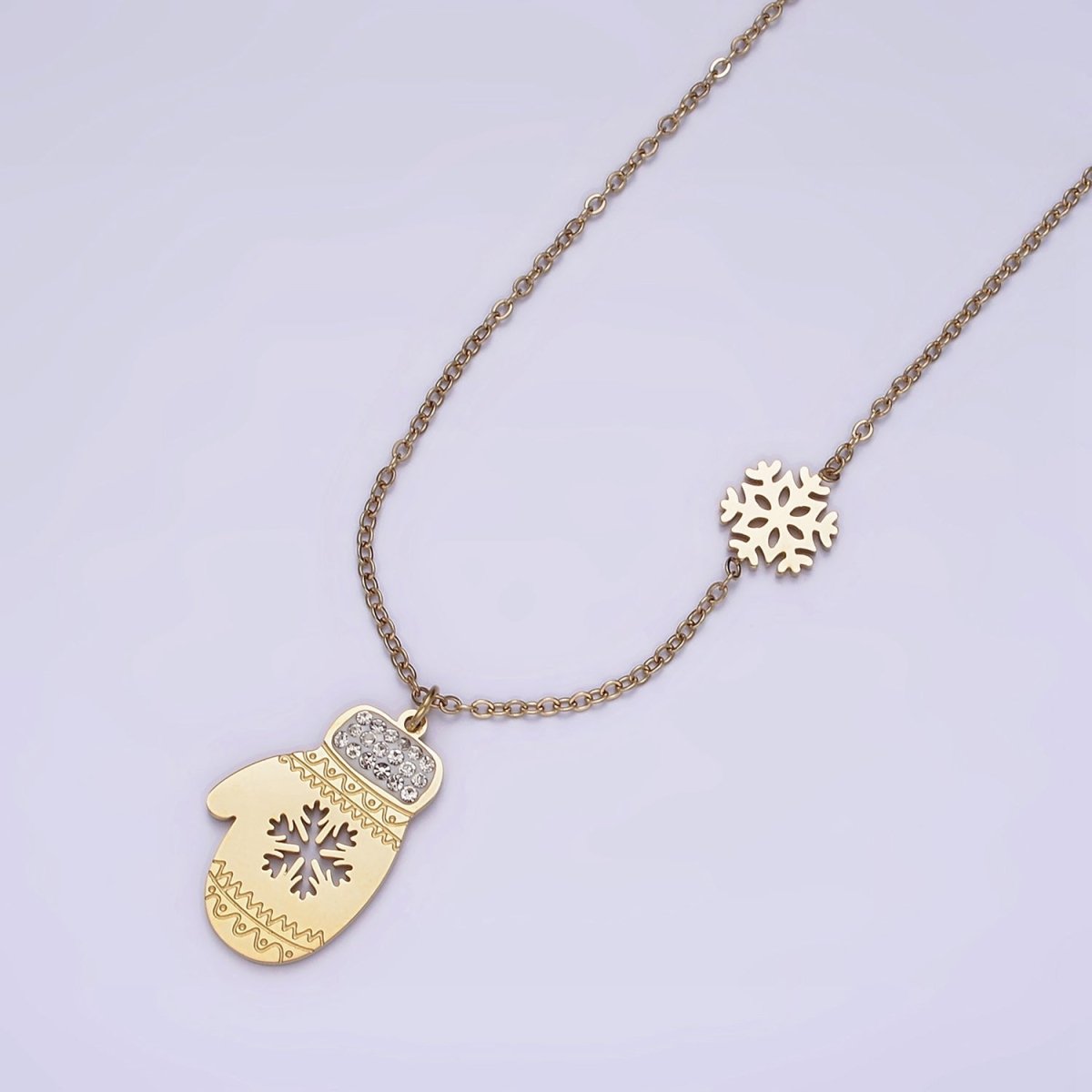 Stainless Steel Snowflake Open Warm Mitten Charm 17 Inch Rolo Chain Necklace | WA-2053 Clearance Pricing