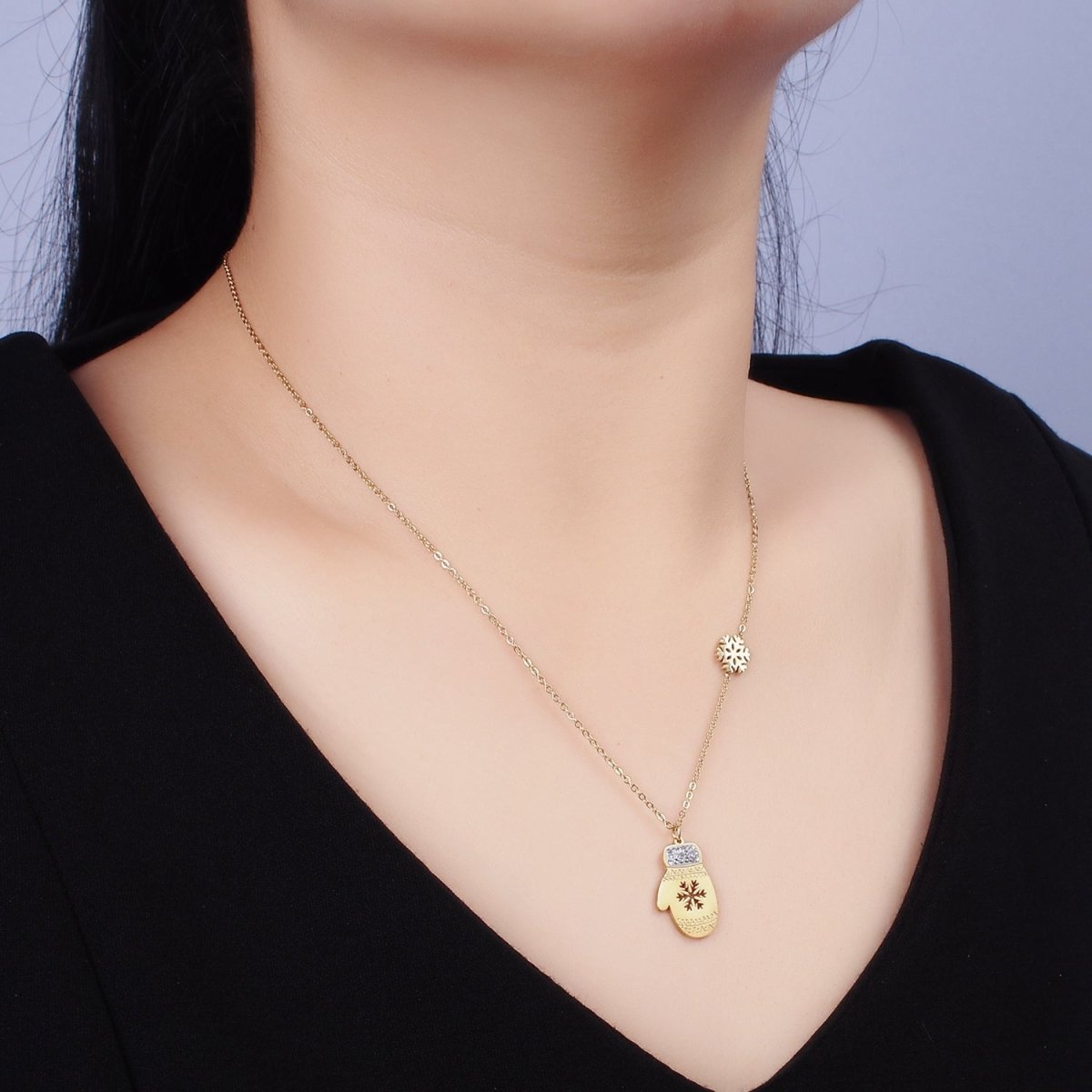 Stainless Steel Snowflake Open Warm Mitten Charm 17 Inch Rolo Chain Necklace | WA-2053 Clearance Pricing