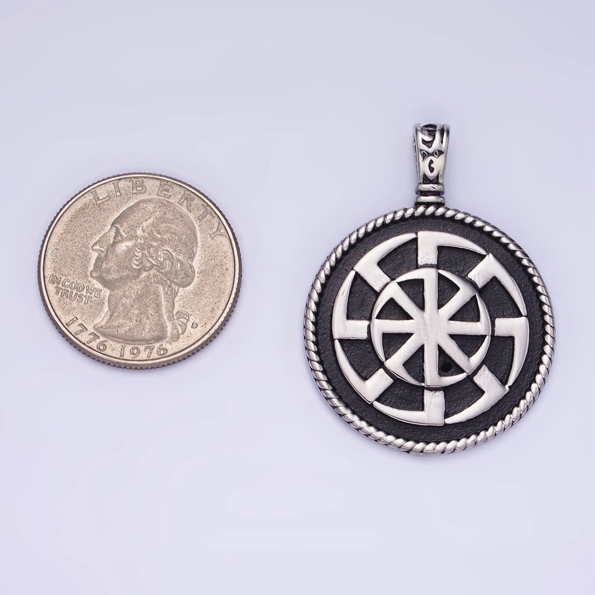 Stainless Steel Spiral Geometric Round Medallion Oxidized Pendant | P1388