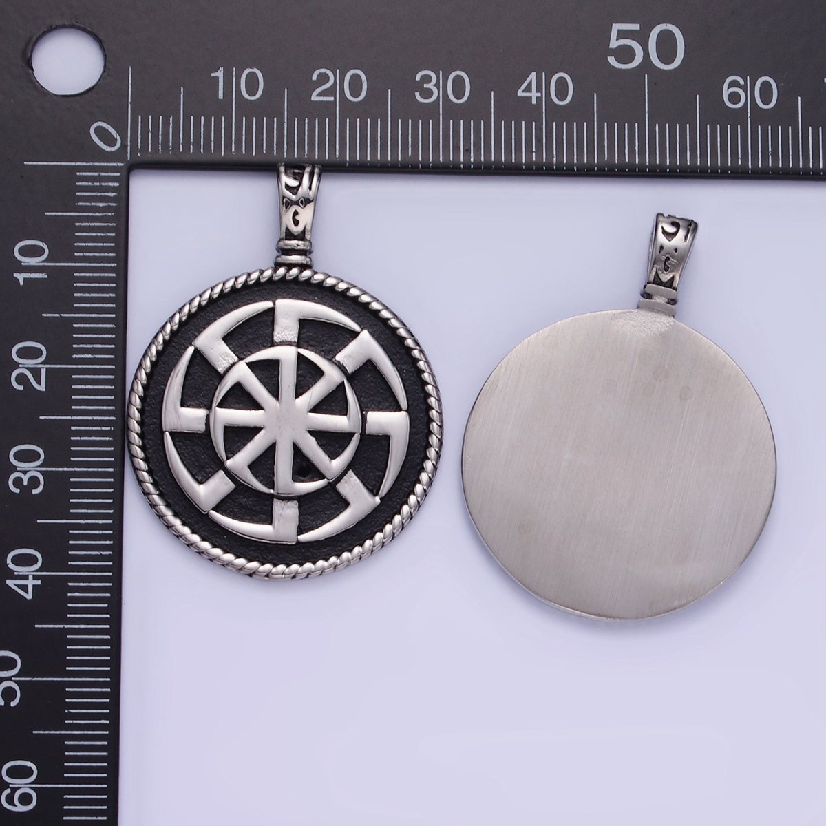 Stainless Steel Spiral Geometric Round Medallion Oxidized Pendant | P1388