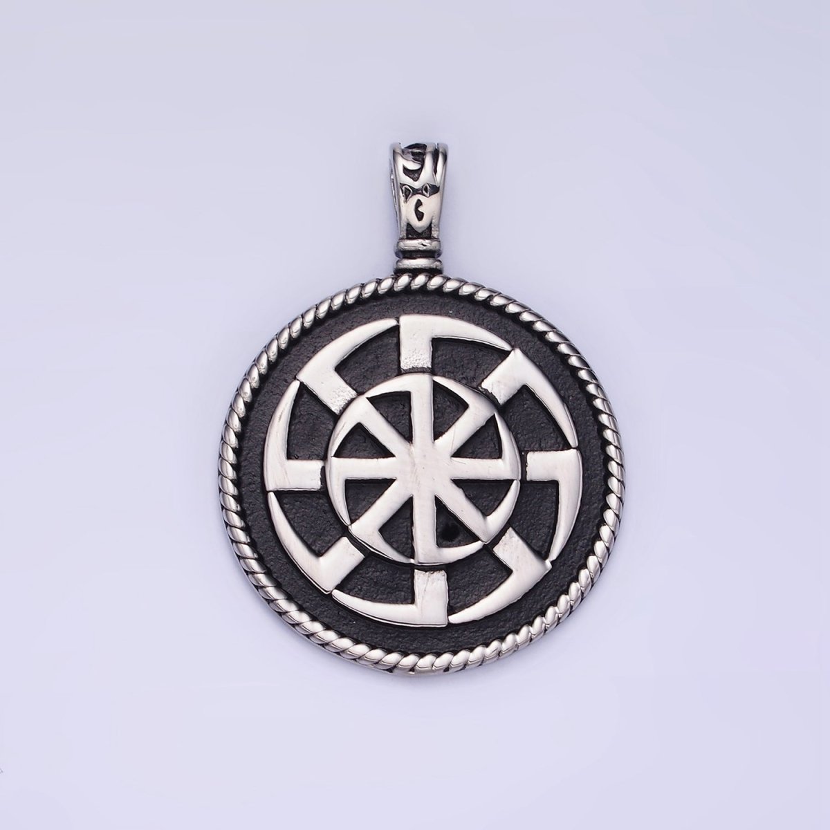 Stainless Steel Spiral Geometric Round Medallion Oxidized Pendant | P1388