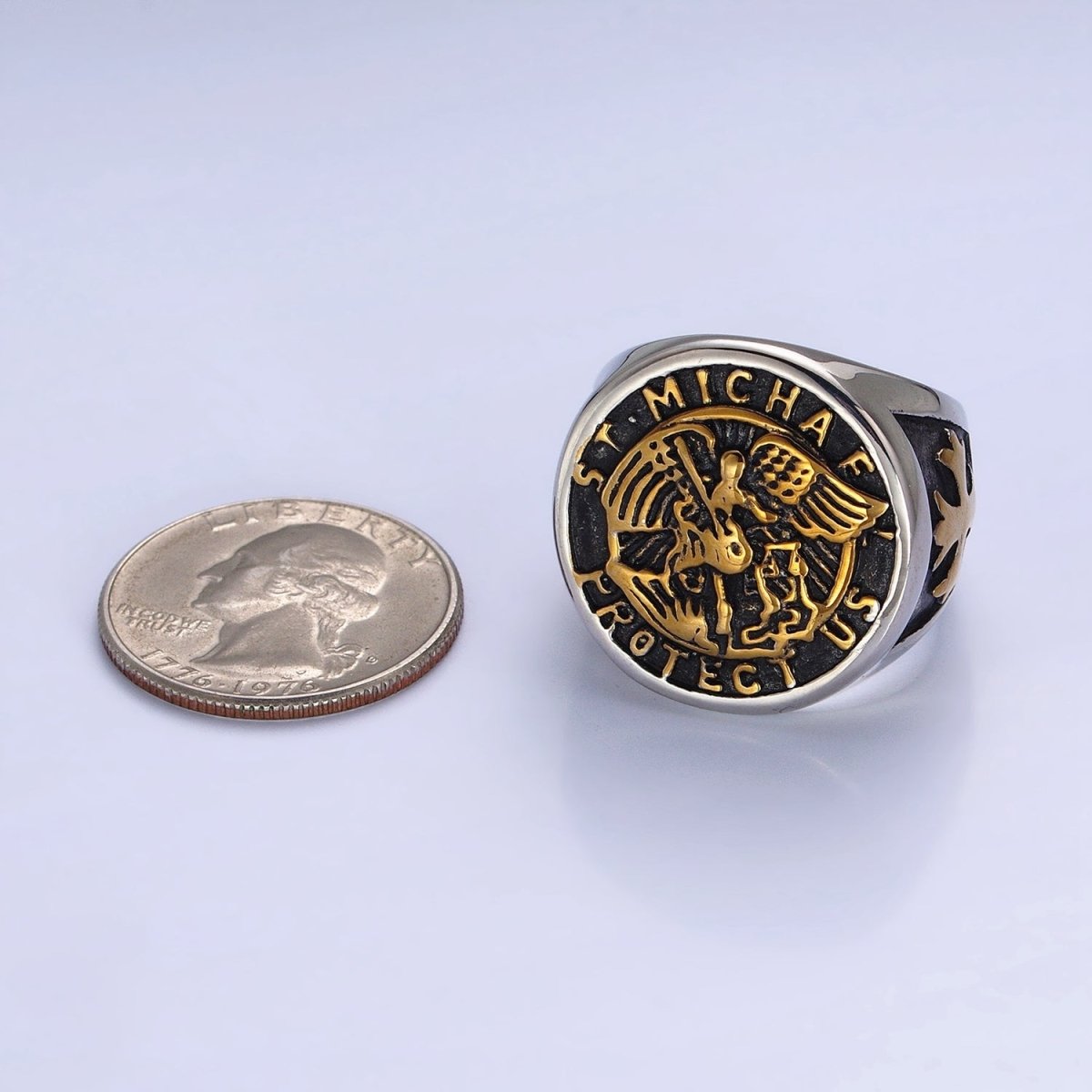 Stainless Steel "St. Michael Protect Us" Script Fleury Cross Round Signet Mixed Metal Ring | O-1853 O-1854