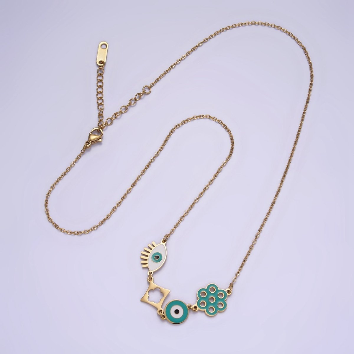 Stainless Steel Teal Evil Eye Open Flower 17 Inch Cable Chain Necklace | WA-2062 Clearance Pricing