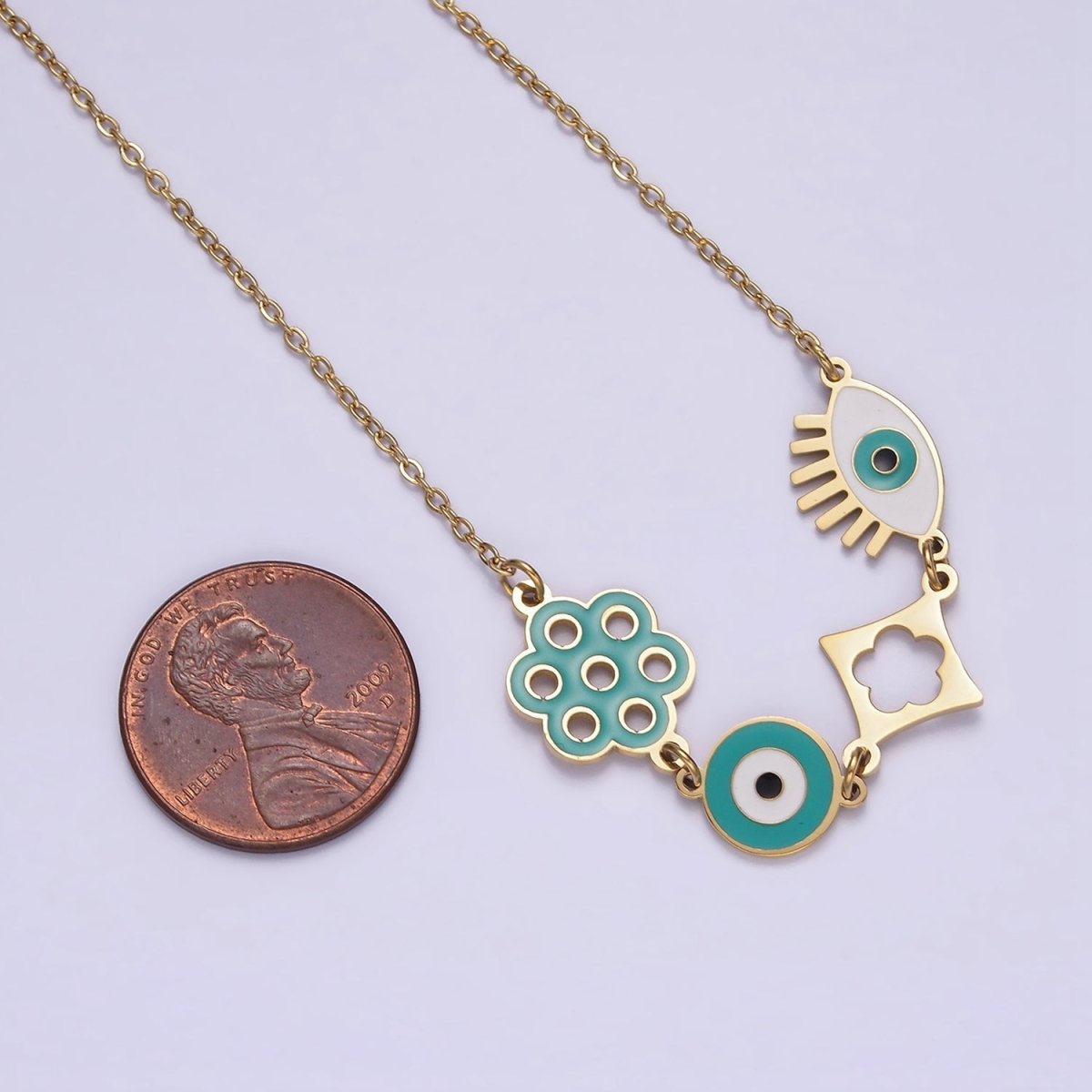 Stainless Steel Teal Evil Eye Open Flower 17 Inch Cable Chain Necklace | WA-2062 Clearance Pricing