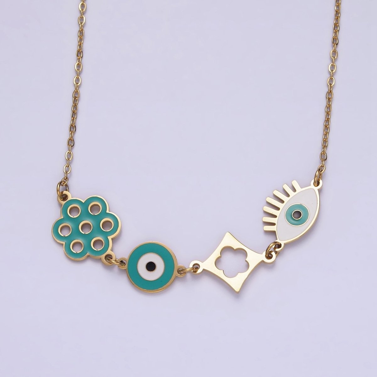 Stainless Steel Teal Evil Eye Open Flower 17 Inch Cable Chain Necklace | WA-2062 Clearance Pricing
