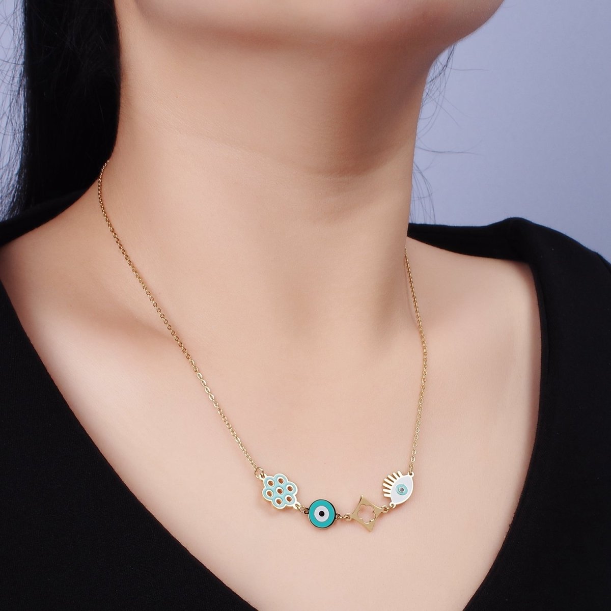 Stainless Steel Teal Evil Eye Open Flower 17 Inch Cable Chain Necklace | WA-2062 Clearance Pricing