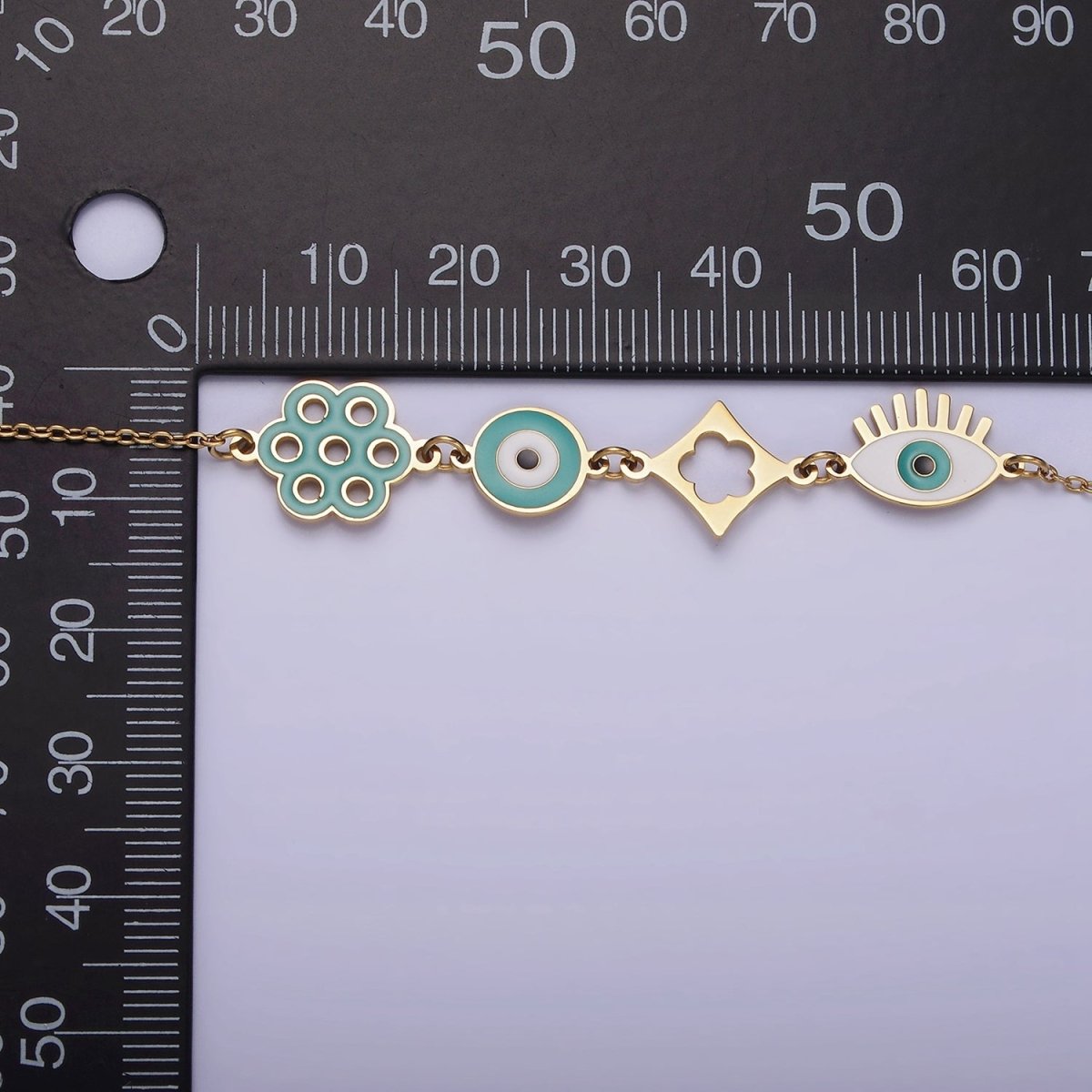 Stainless Steel Teal Evil Eye Open Flower 17 Inch Cable Chain Necklace | WA-2062 Clearance Pricing