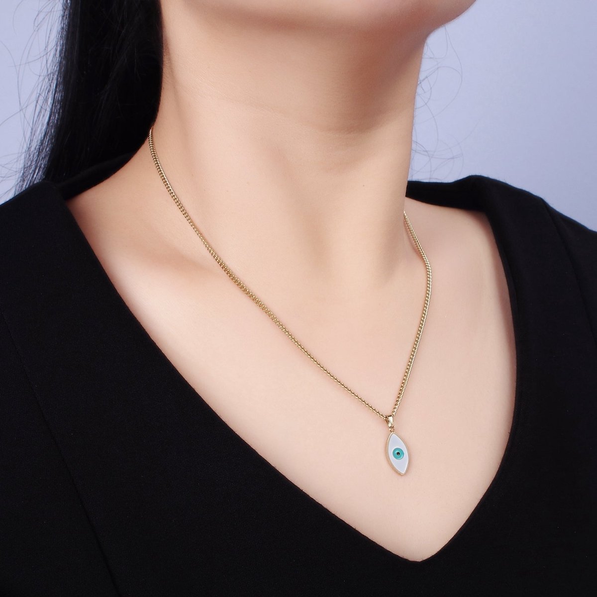 Stainless Steel Teal Evil Eyed Enamel Pendant 17 Inch Curb Chain Necklace | WA-2056 Clearance Pricing