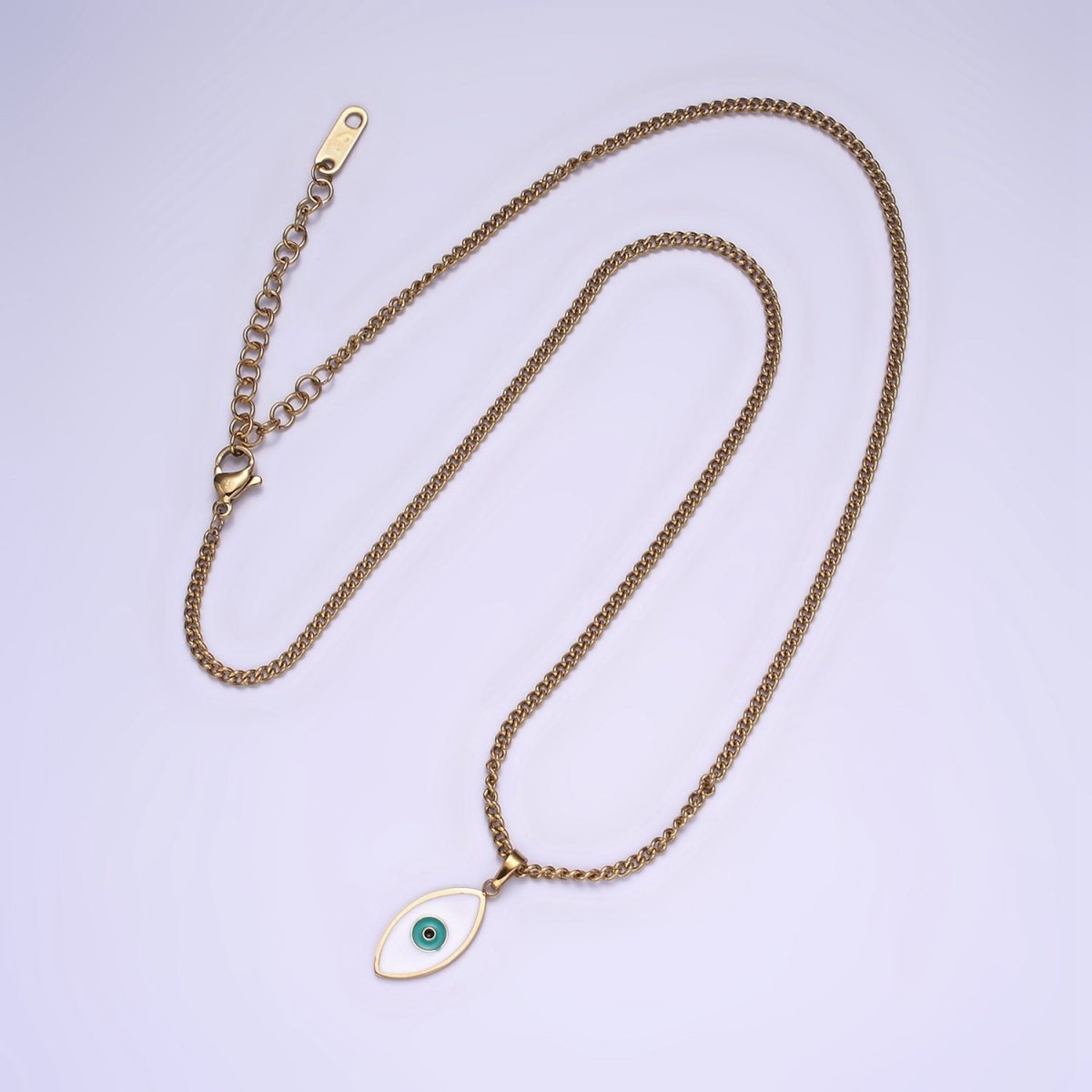 Stainless Steel Teal Evil Eyed Enamel Pendant 17 Inch Curb Chain Necklace | WA-2056 Clearance Pricing
