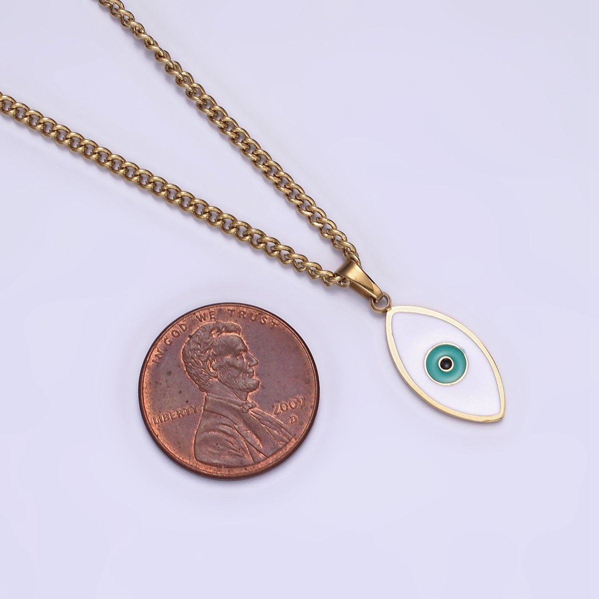 Stainless Steel Teal Evil Eyed Enamel Pendant 17 Inch Curb Chain Necklace | WA-2056 Clearance Pricing