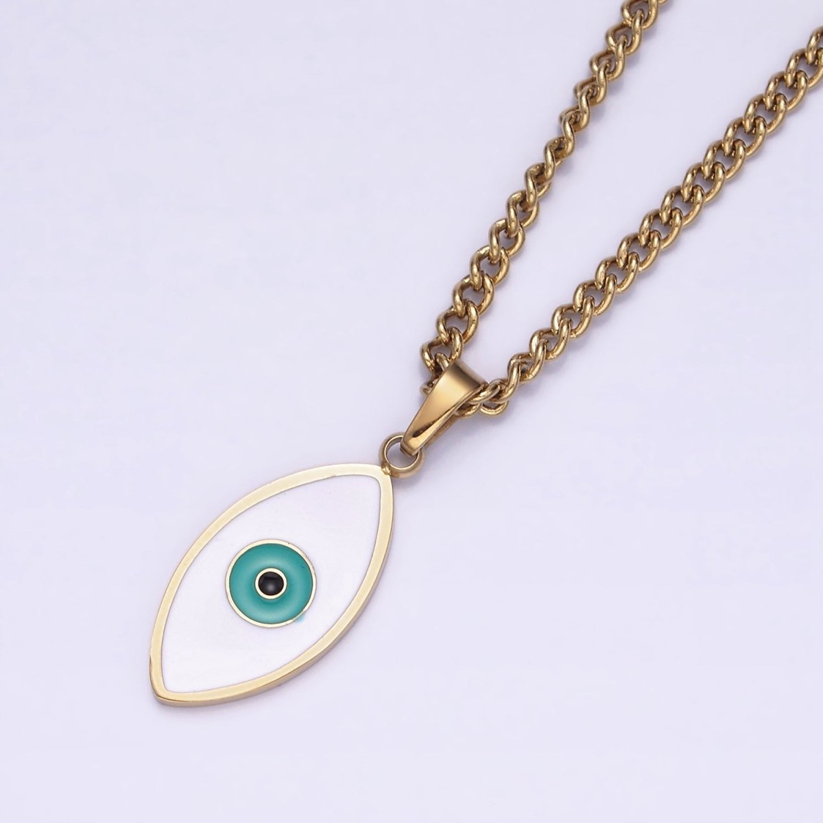 Stainless Steel Teal Evil Eyed Enamel Pendant 17 Inch Curb Chain Necklace | WA-2056 Clearance Pricing