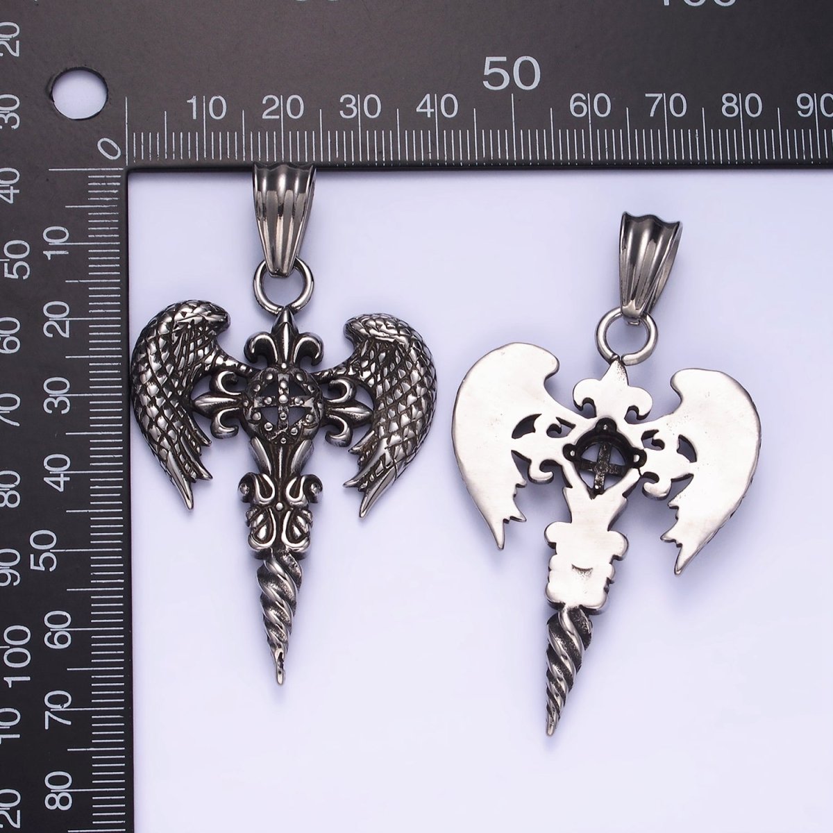 Stainless Steel Textured Fleur Cross Wings Men Religious Oxidized Silver Pendant | P1412