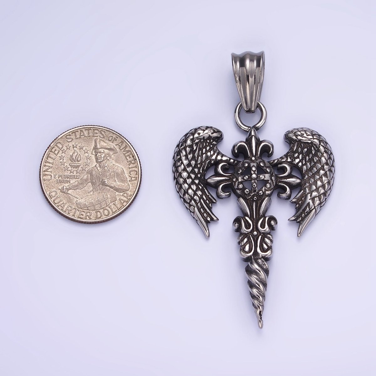 Stainless Steel Textured Fleur Cross Wings Men Religious Oxidized Silver Pendant | P1412
