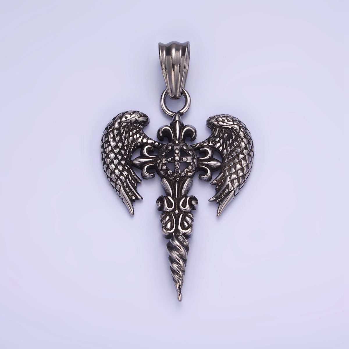 Stainless Steel Textured Fleur Cross Wings Men Religious Oxidized Silver Pendant | P1412