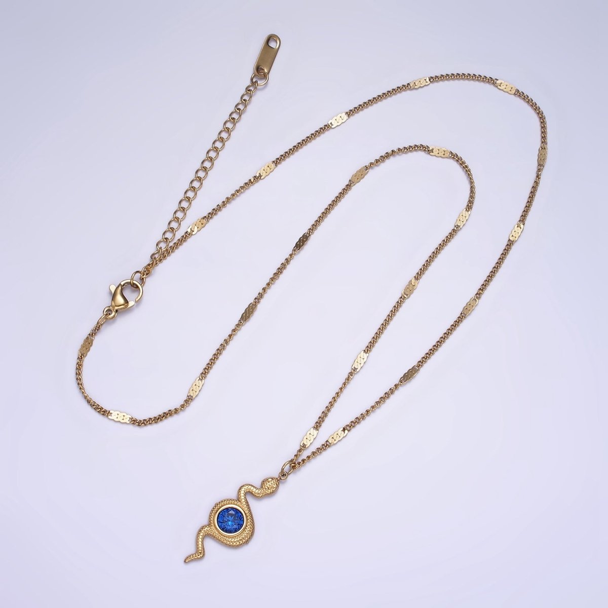Stainless Steel Textured Snake Blue CZ Charm 17 Inch Unique Curb Chain Necklace | WA-2068 Clearance Pricing