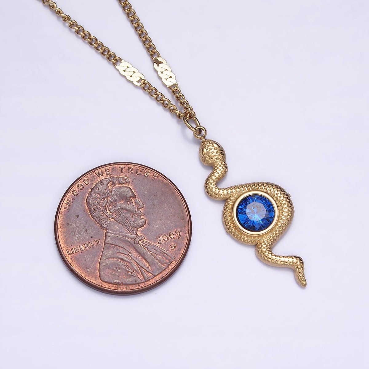 Stainless Steel Textured Snake Blue CZ Charm 17 Inch Unique Curb Chain Necklace | WA-2068 Clearance Pricing