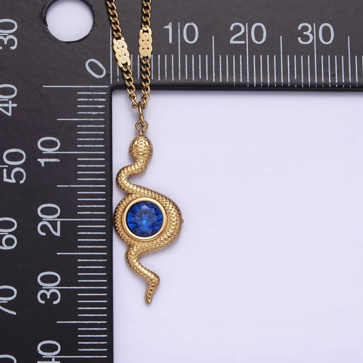 Stainless Steel Textured Snake Blue CZ Charm 17 Inch Unique Curb Chain Necklace | WA-2068 Clearance Pricing