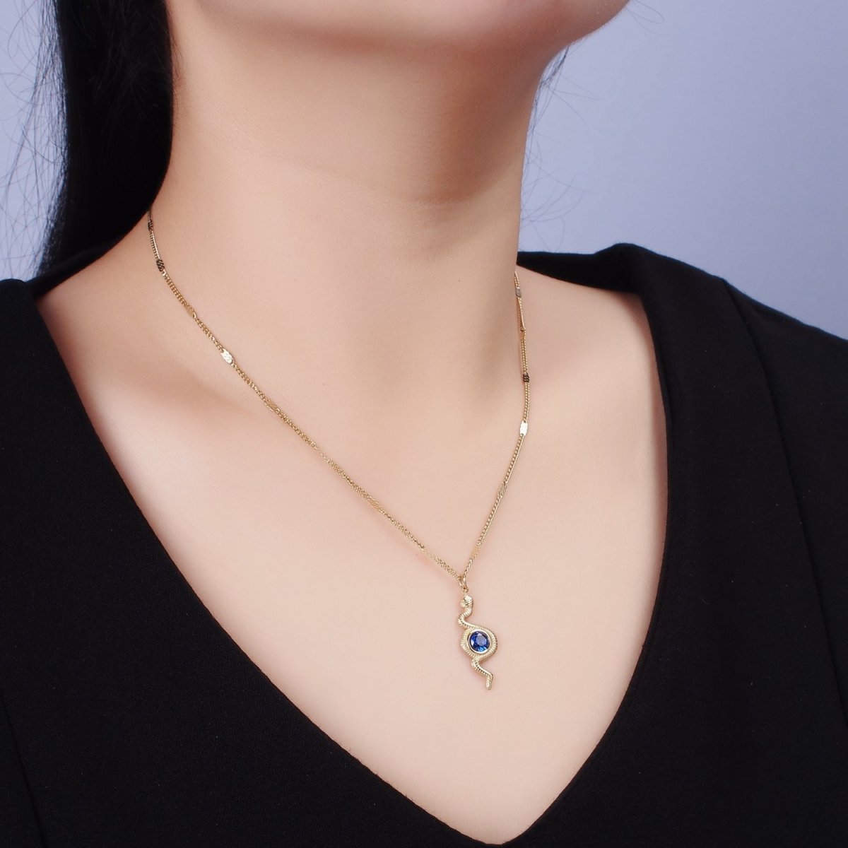 Stainless Steel Textured Snake Blue CZ Charm 17 Inch Unique Curb Chain Necklace | WA-2068 Clearance Pricing