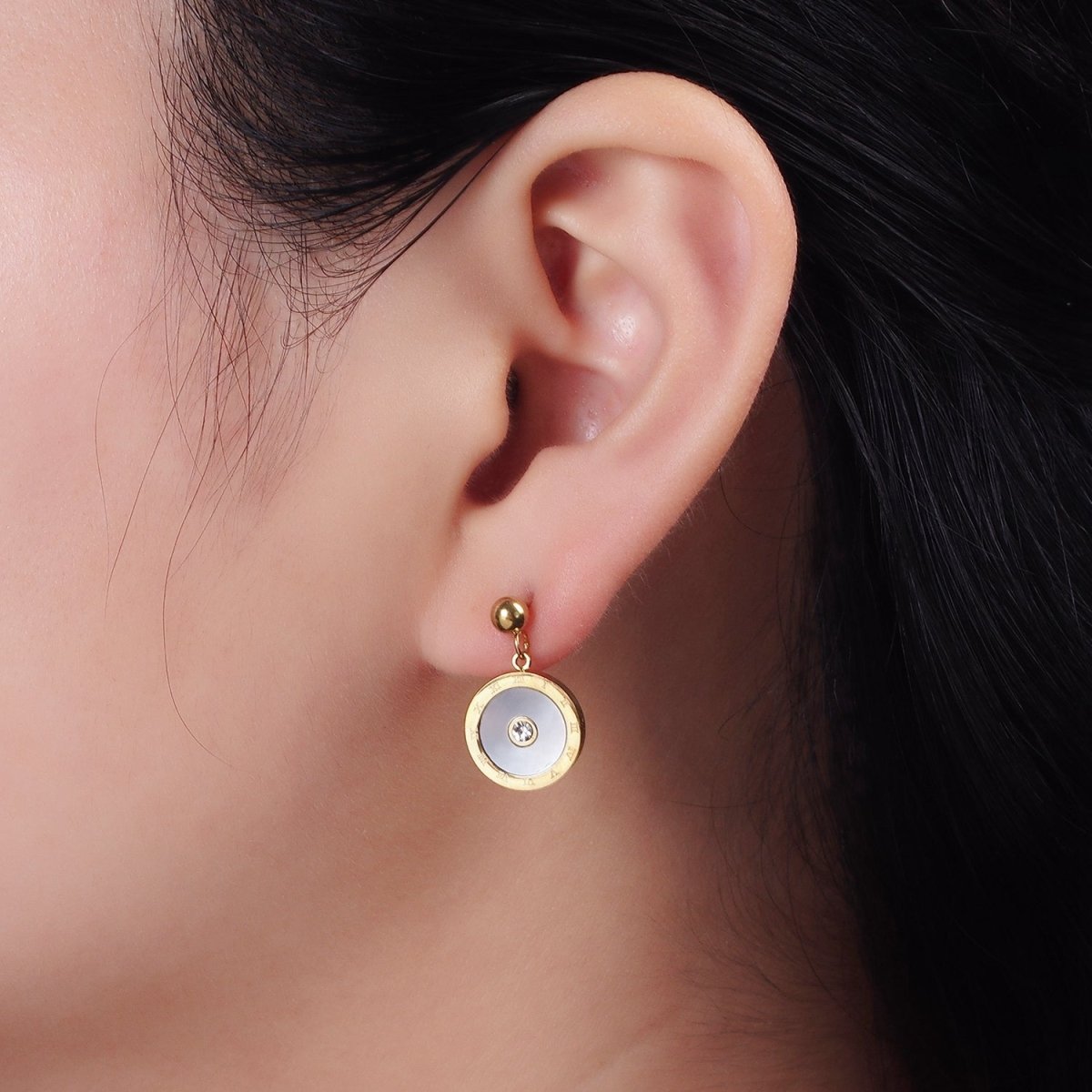 Stainless Steel Time Engraved Shell Pearl CZ Round Bead Drop Stud Earrings | AE740
