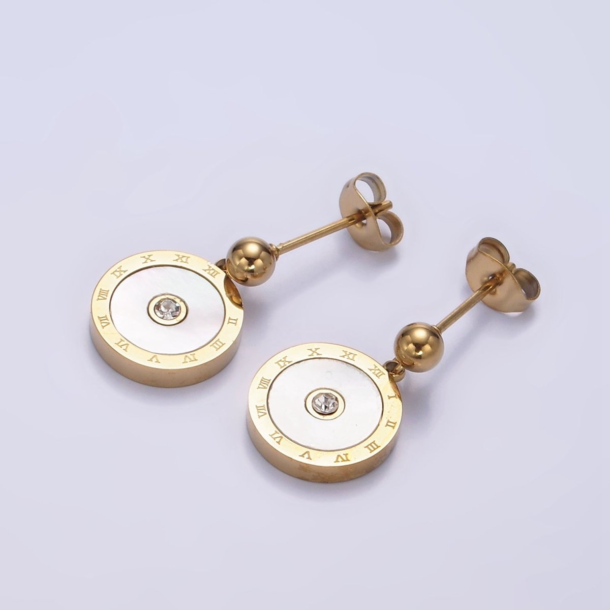 Stainless Steel Time Engraved Shell Pearl CZ Round Bead Drop Stud Earrings | AE740