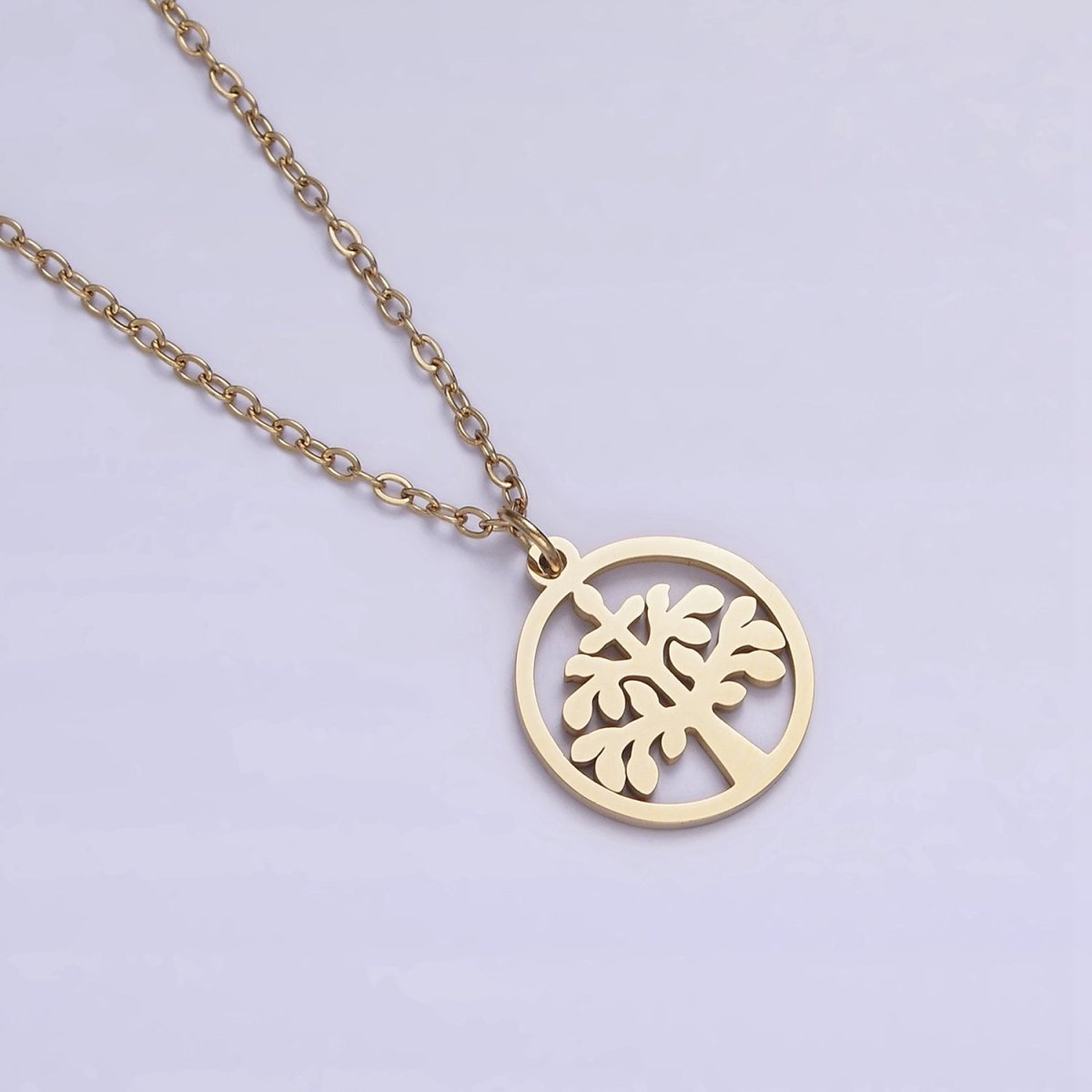 Stainless Steel Tree Plant Open Round Charm 16 Inch Cable Chain Choker Necklace | WA-2060 Clearance Pricing