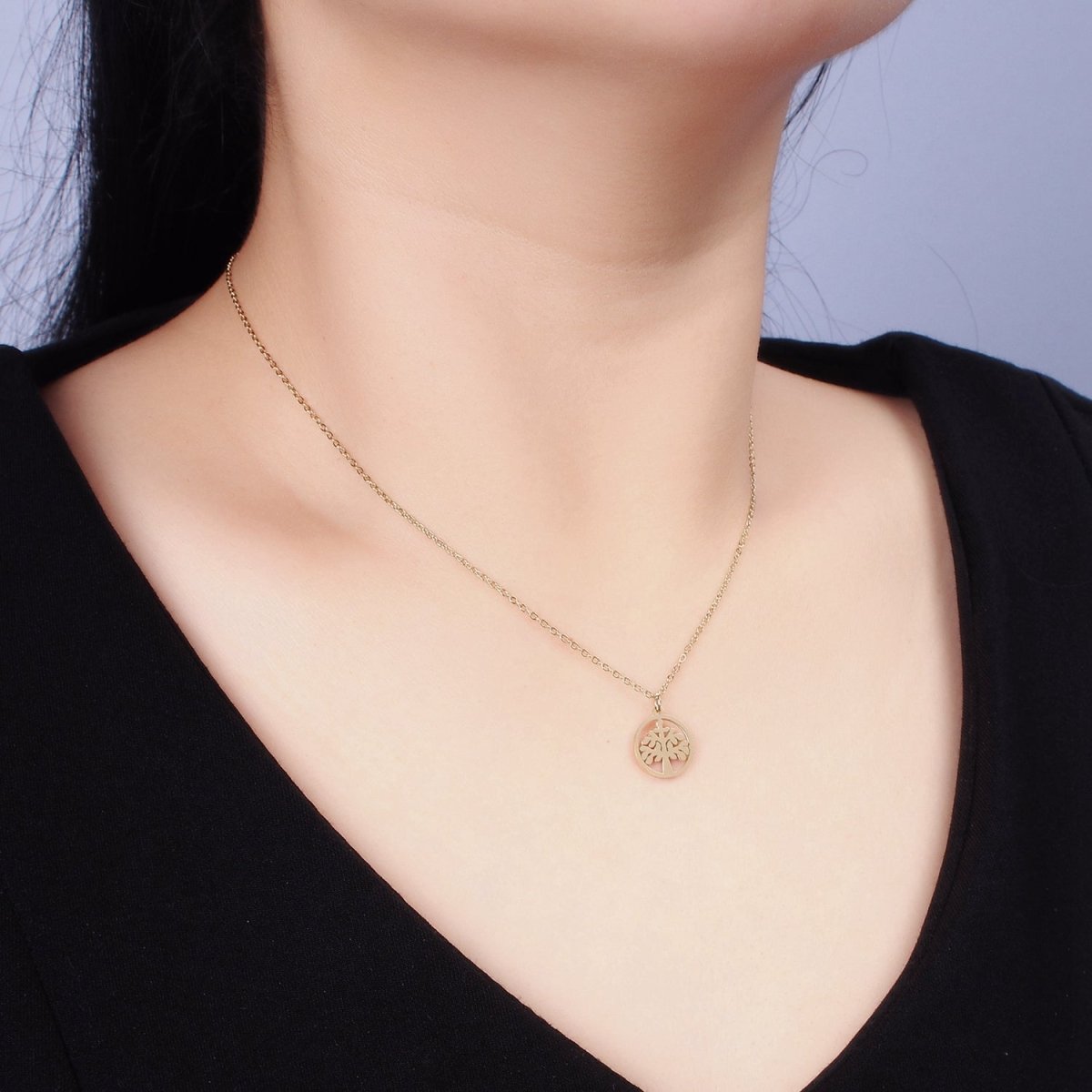 Stainless Steel Tree Plant Open Round Charm 16 Inch Cable Chain Choker Necklace | WA-2060 Clearance Pricing