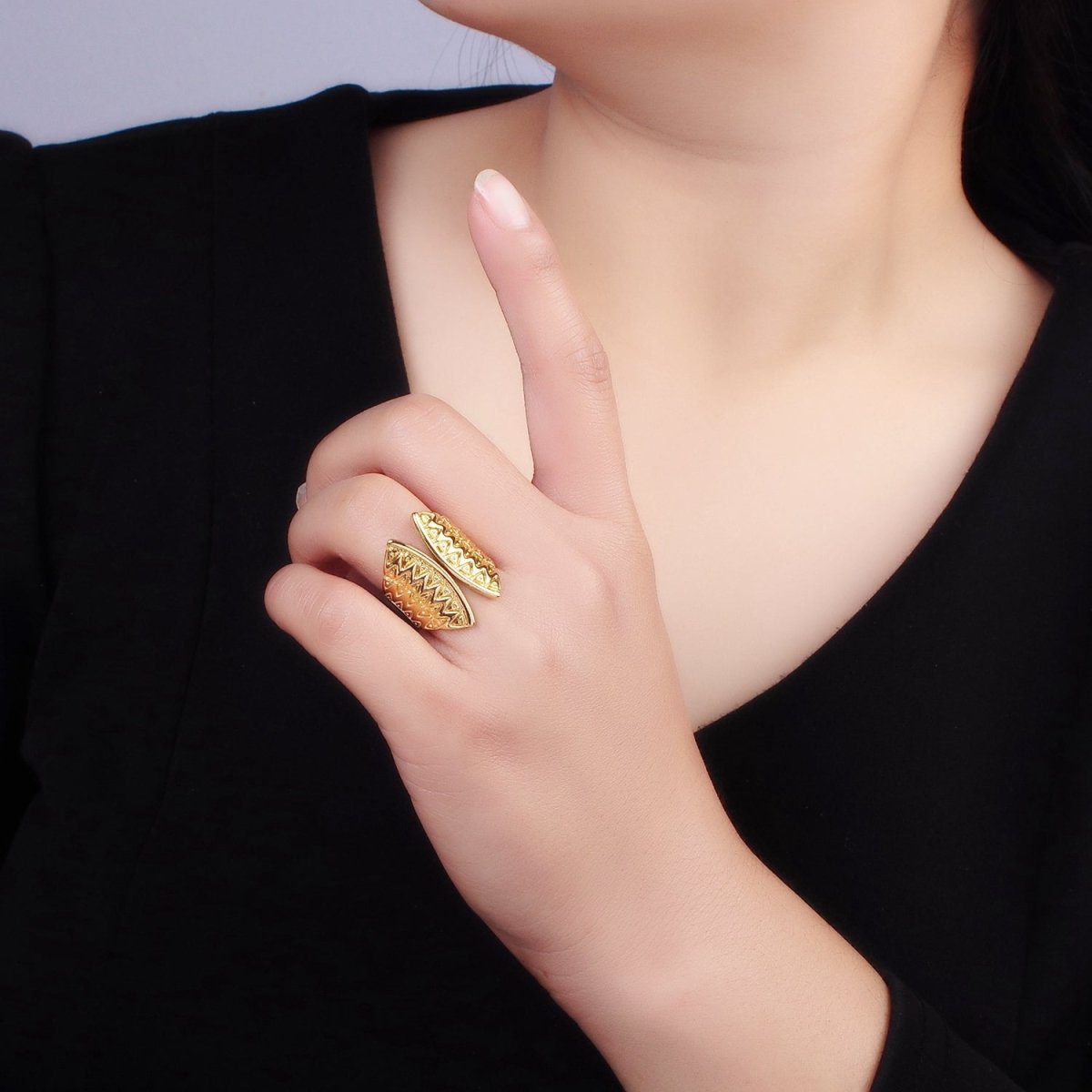 Stainless Steel Triangle Dot Lined Geometric Double Wide Wrap Ring | O1304