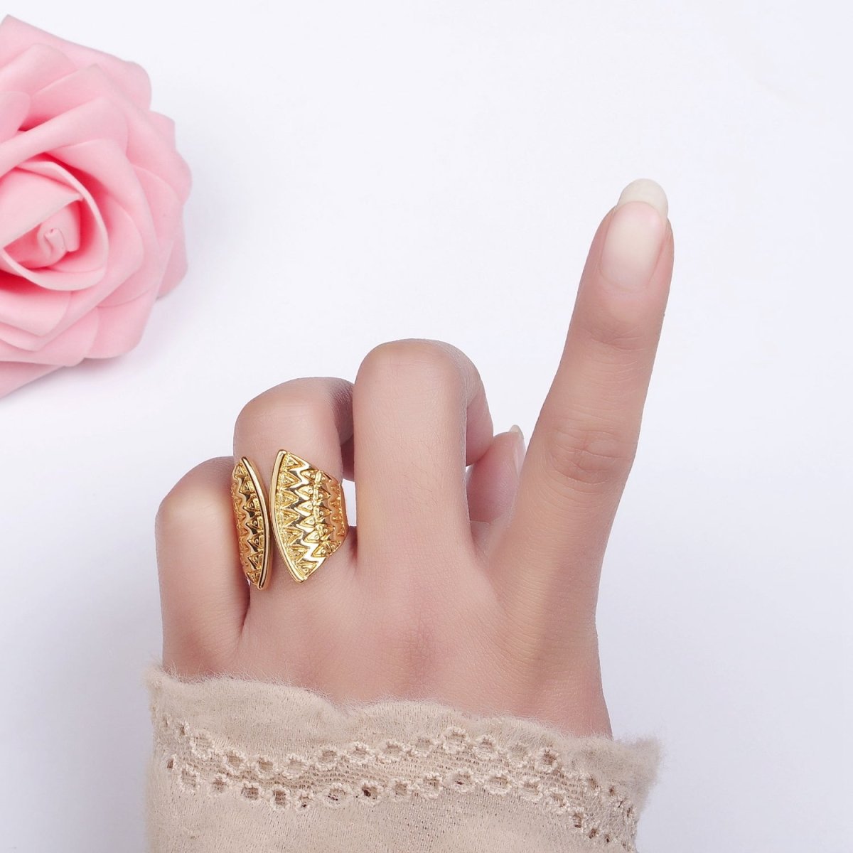 Stainless Steel Triangle Dot Lined Geometric Double Wide Wrap Ring | O1304