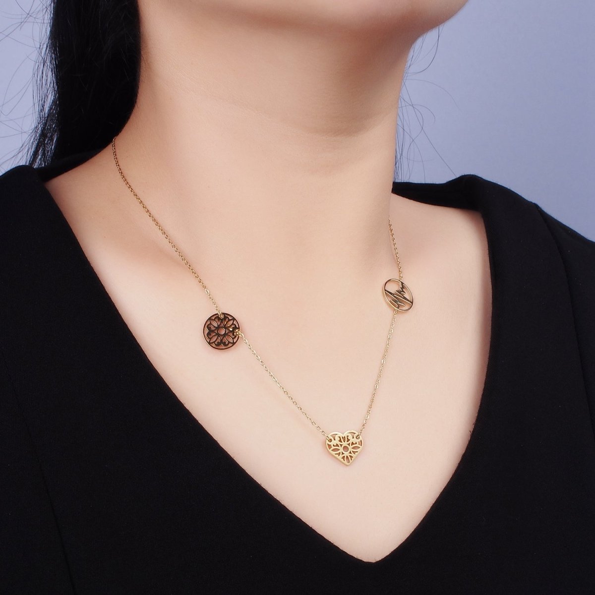 Stainless Steel Triple Artisan Open Heart Circle 17 Inch Cable Chain Necklace | WA-2049 Clearance Pricing