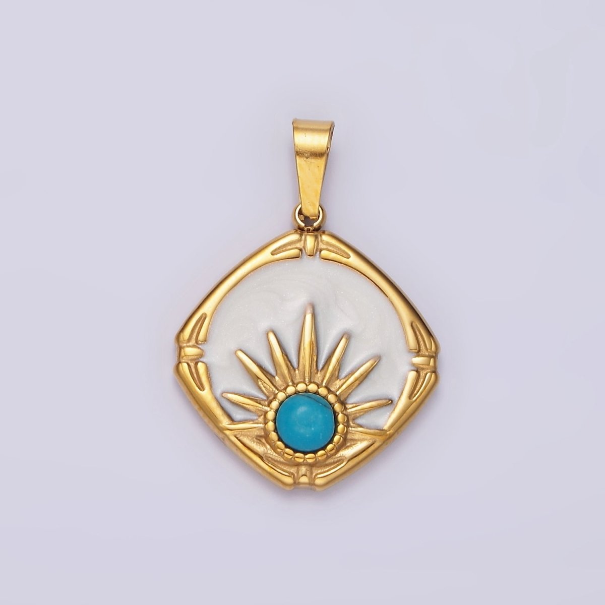 Stainless Steel Turquoise Celestial Sun White Enamel Round Rhombus Pendant | P-830
