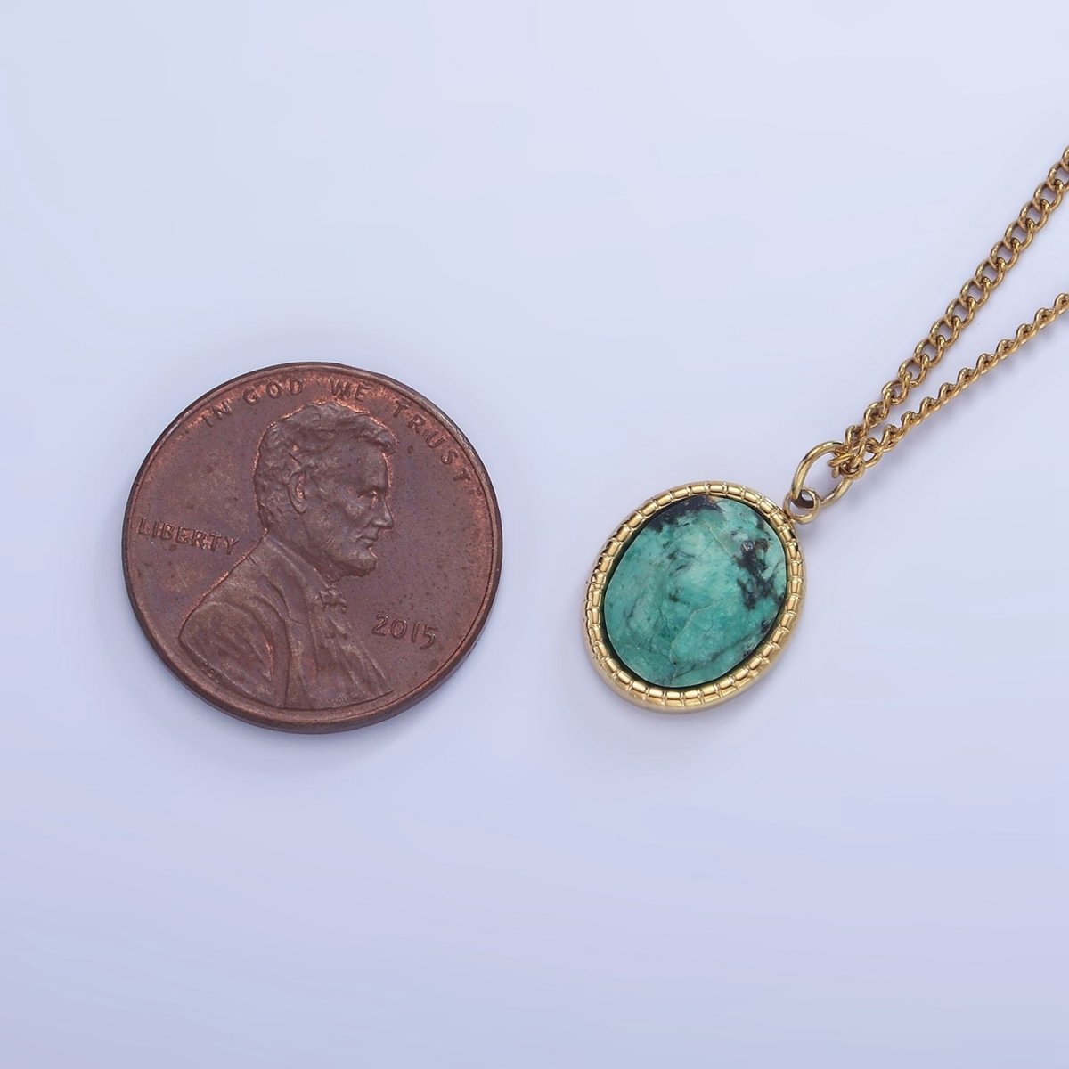 Stainless Steel Turquoise Oval Bezel Curb Chain 16 Inch Necklace w. Extender | WA-2471