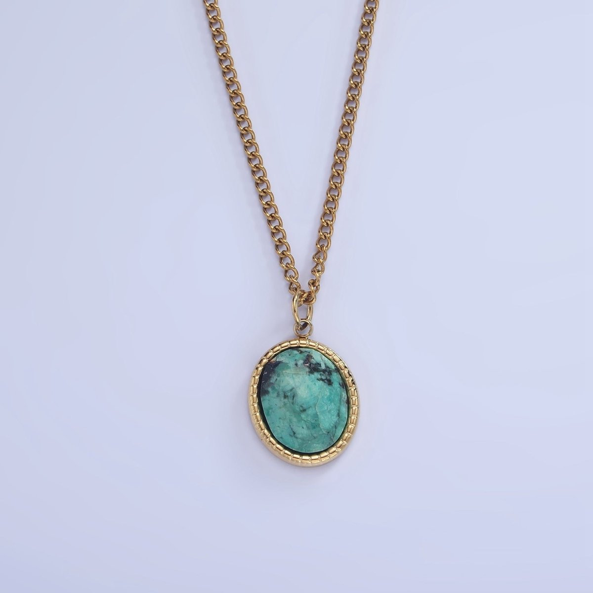 Stainless Steel Turquoise Oval Bezel Curb Chain 16 Inch Necklace w. Extender | WA-2471