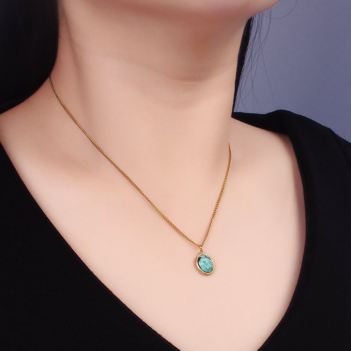 Stainless Steel Turquoise Oval Bezel Curb Chain 16 Inch Necklace w. Extender | WA-2471